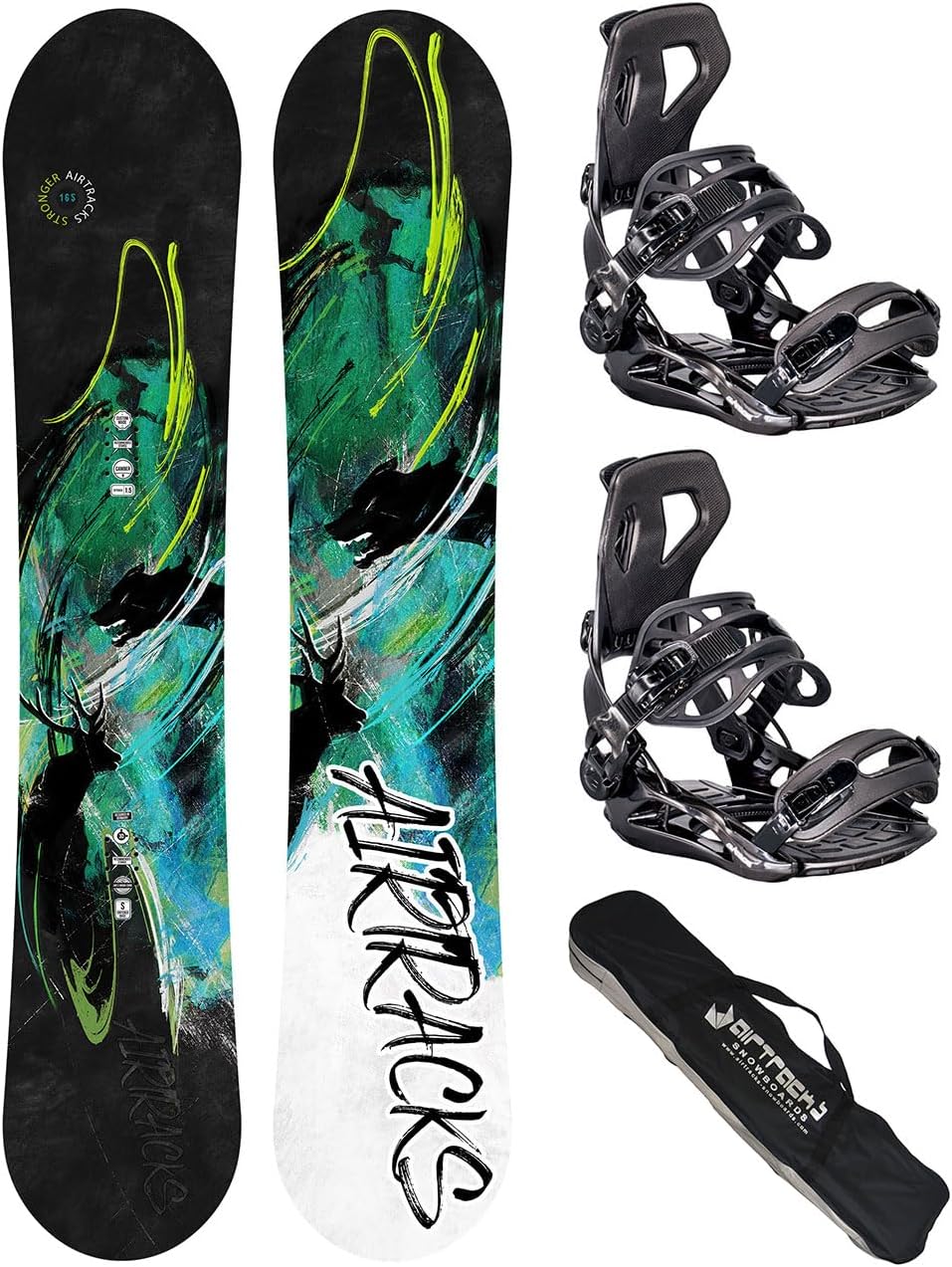 Airtracks Snowboard Set - Stronger Snowboard Wide Flat Zero Rocker + Bindung Master Fastec + Snowboard Bag 156 159 163 165 cm