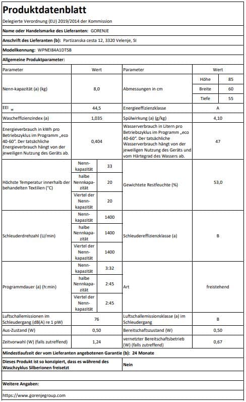 Gorenje WPNEI84A1DTSB Waschmaschine mit Dampffunktion/ConnectLife / 8Kg / 1400 U/min / 15 Programme/Totaler AquaStop/Wave Active Trommel/ExtraHygiene/PowerWash/Schnell Waschgang/EEK: A-10%