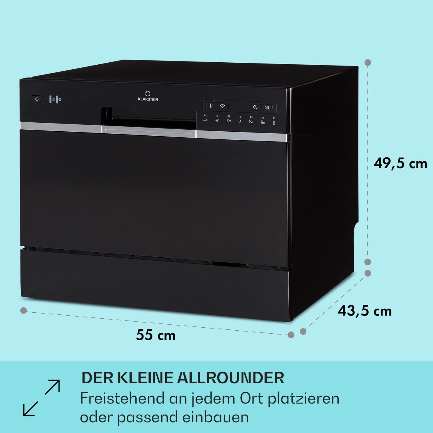 Klarstein  ia 8 - Spülmaschine, Geschirrspüler, Freistehend, Teilintegriert, F, 55 cm breit, 8 Maßgedecke, 6 Programme, Aquastop, silber