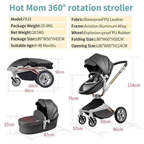 Hot Mom Kinderwagen set mit 360° Drehfunktion, Kombikinderwagen 3-in-1. Ausgestattet mit PU-Reifen und Kunstledersitz und viele weitere Zubehören, Dunkelgrau