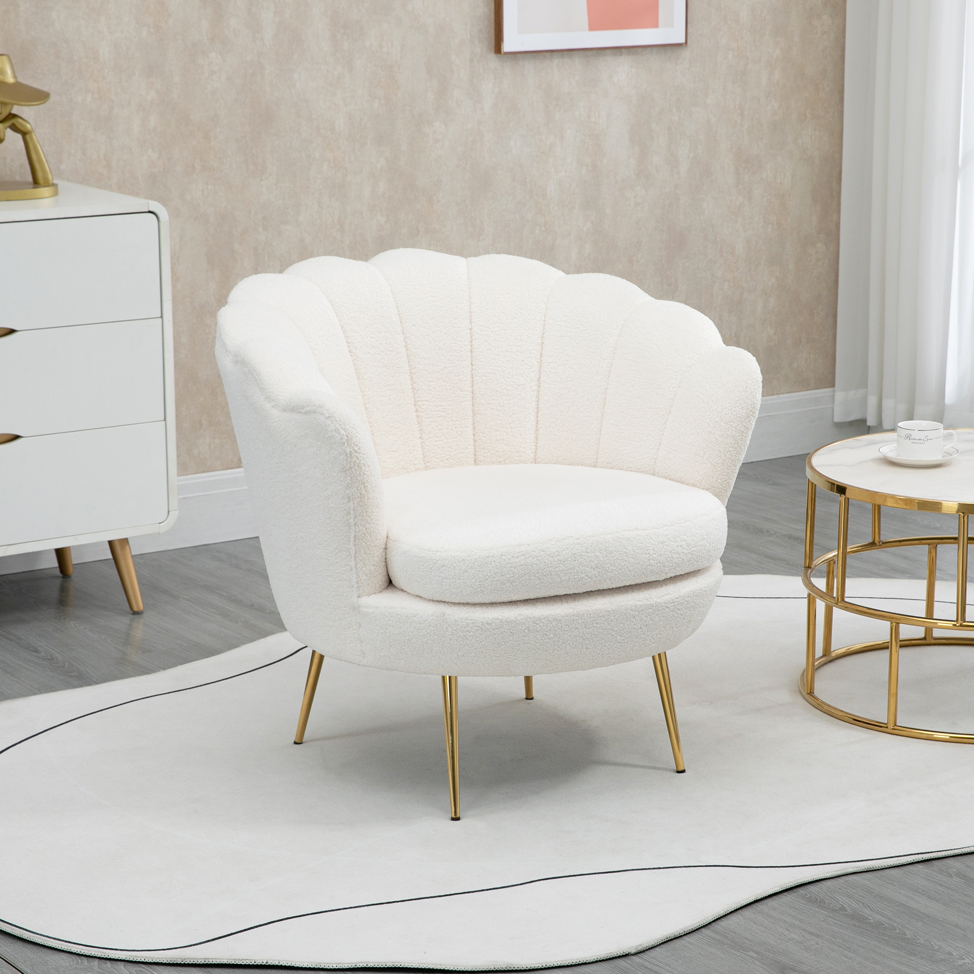 HOMCOM Fauteuil in Schelpvorm, Relaxstoel, Ontspanningsstoel, Metalen Poten in Goudlook, 79D x 77B x 77H cm, Wit