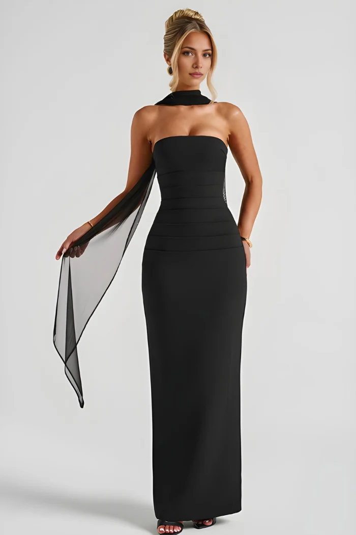 Tr?gerloses Maxi-Bodycon-Cocktailkleid f��r Damen mit Schal