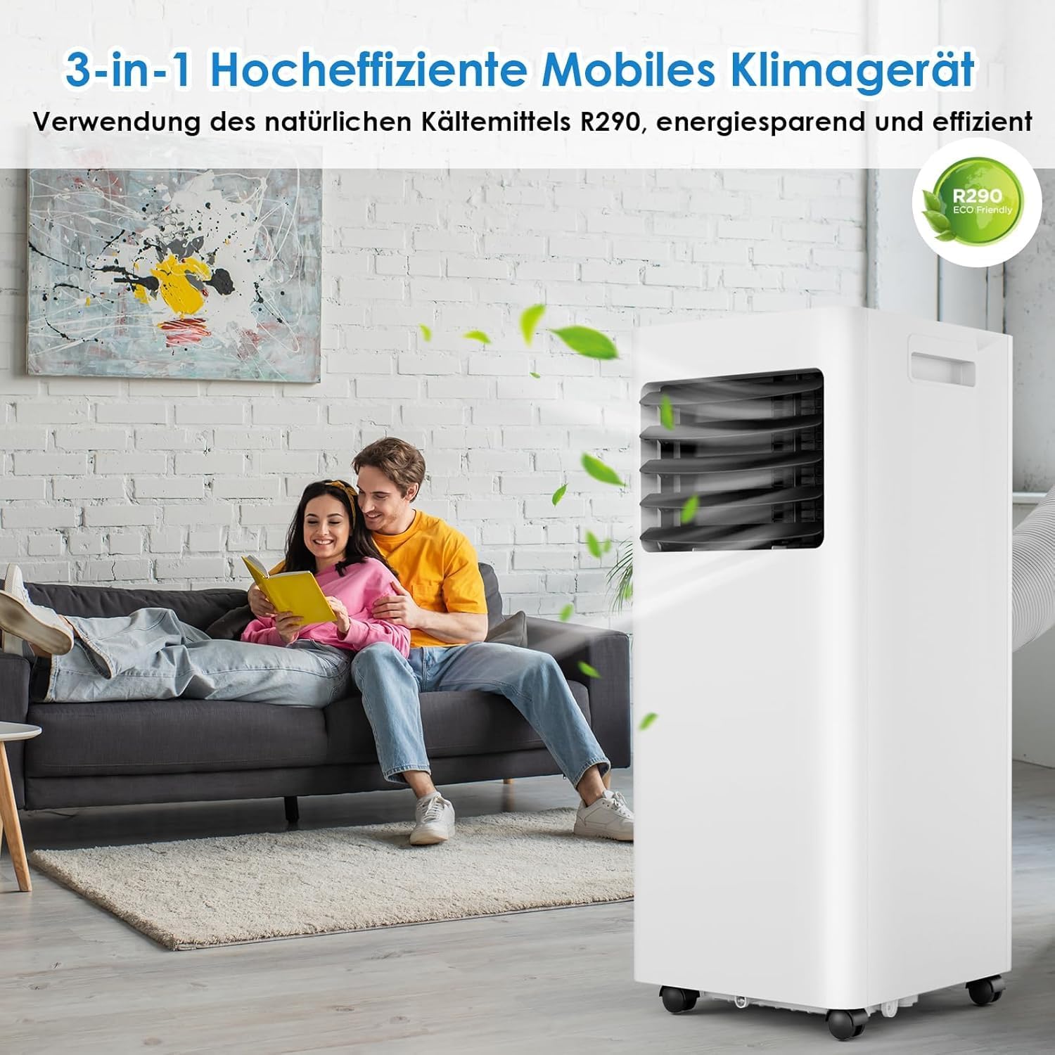 LIFERUN Mobiles Klimagerät, 4in1, Kühlen, Entfeuchten, Ventilieren, Staubfilter, 9000BTU/h 2,6kW, Mobile Klimaanlage mit Abluftschlauch, Fernbedienung, 24H-Timer, Schlafmodus, für Räume bis 31 m²