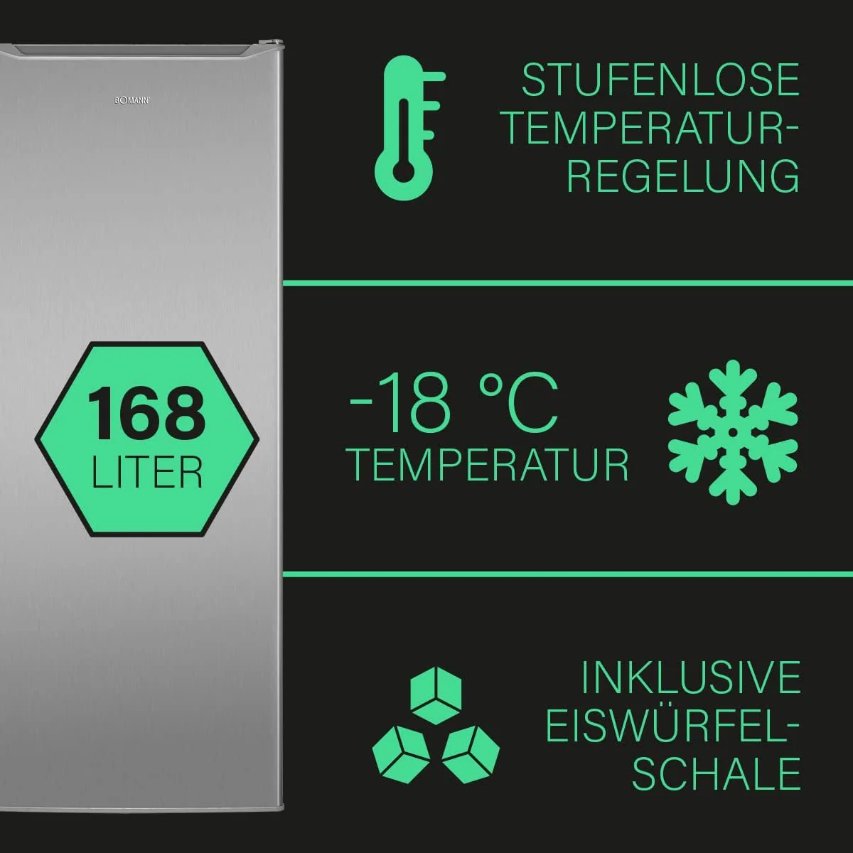 Bomann Gefrierschrank | Tiefk��hlschrank | Freezer | Nutzinhalt 168 Liter | wechselbarer T��ranschlag | 4 Sterne Gefrierraum | GS 7340 inox
