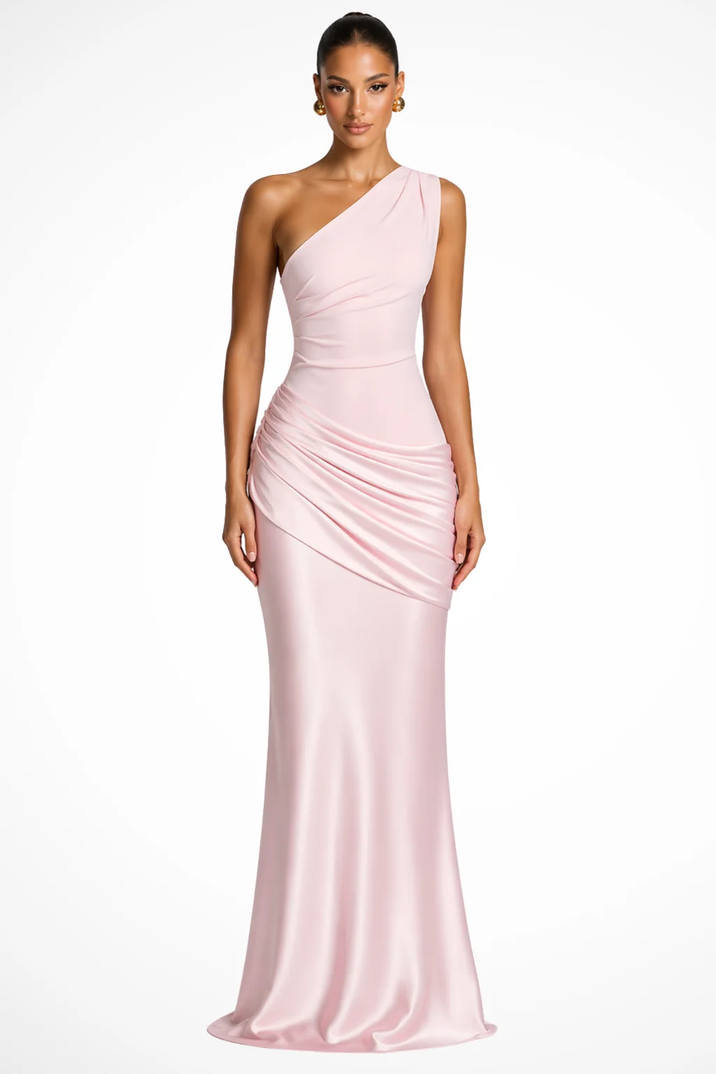 Damen Satin Maxikleid mit One-Shoulder Design | Elegantes Abendkleid mit Raffungen f��r Hochzeitsg?ste | Festliches Kleid