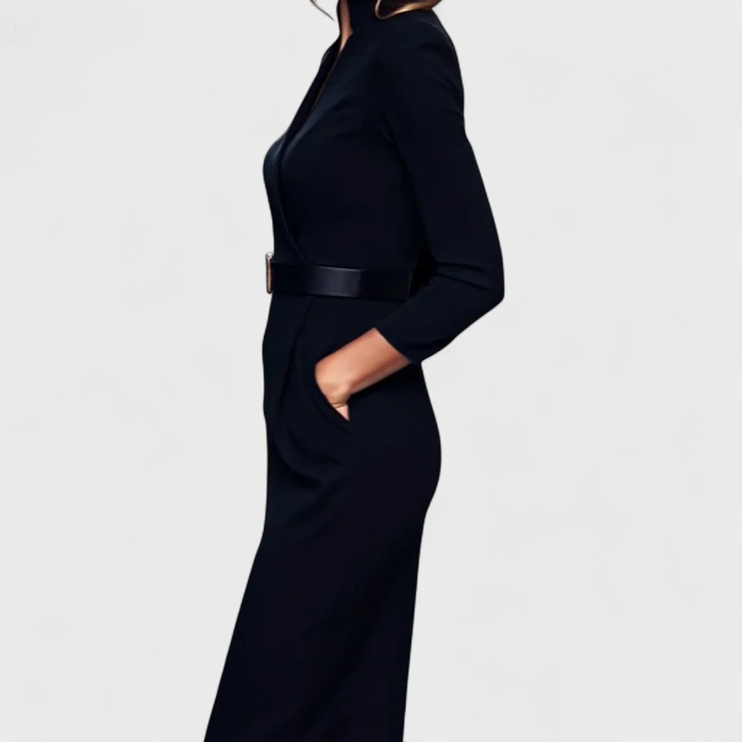 Elegantes Damenkleid mit G��rtel und Stehkragen