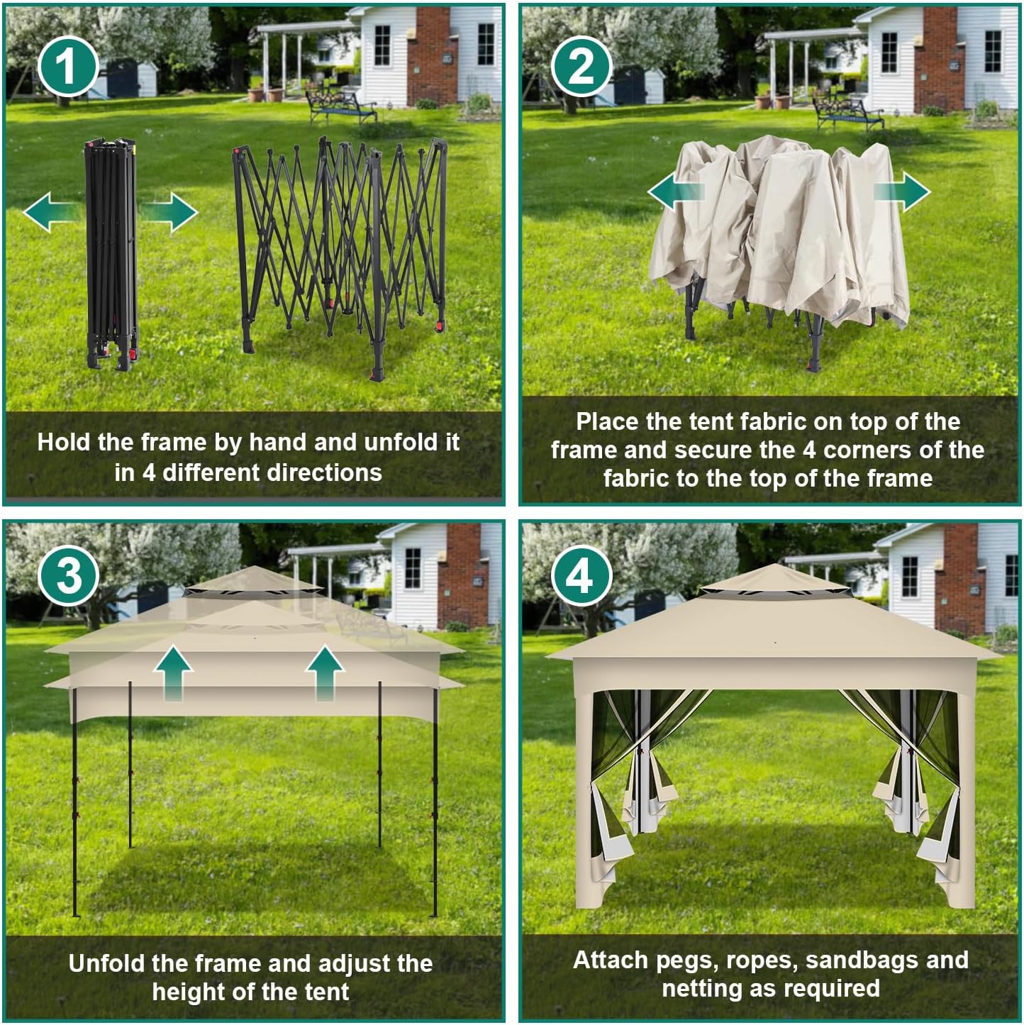 Gartenpavillon 3x3m Wasserdicht UV-beständig, Pavillon mit 4 Seitenteilen, Höhenverstellbar, Stabil Partyzelt mit Sandsäcken & Tragetasche mit Rädern für Garten Party Camping, Beige