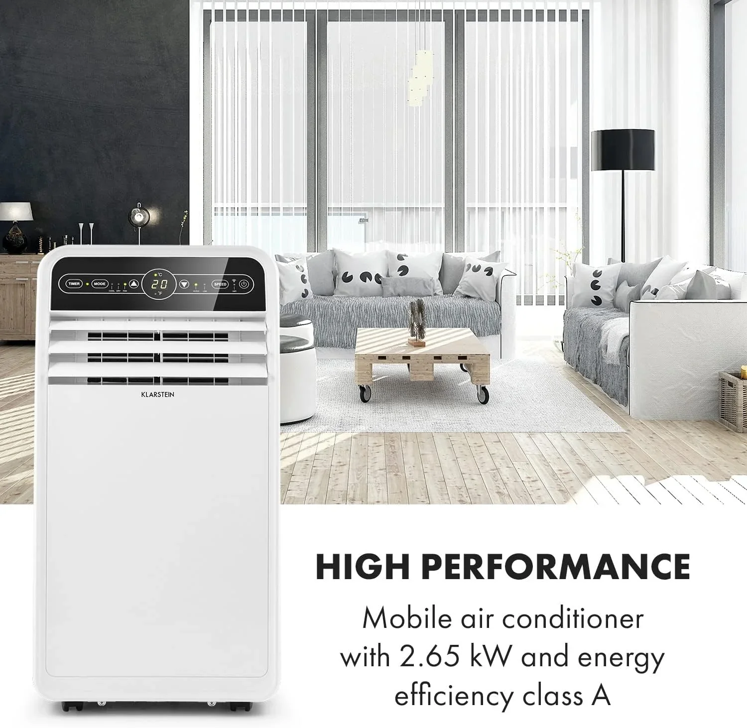 Klarstein Mobile Klimaanlage mit Abluftschlauch, 4-in-1 Klimager?t mit Ventilator, Luftentfeuchter & Nachtmodus, Kleine & Portable Klimaanlage f��r Wohnung & B��ro, Niedriger Verbrauch, 9000 BTU