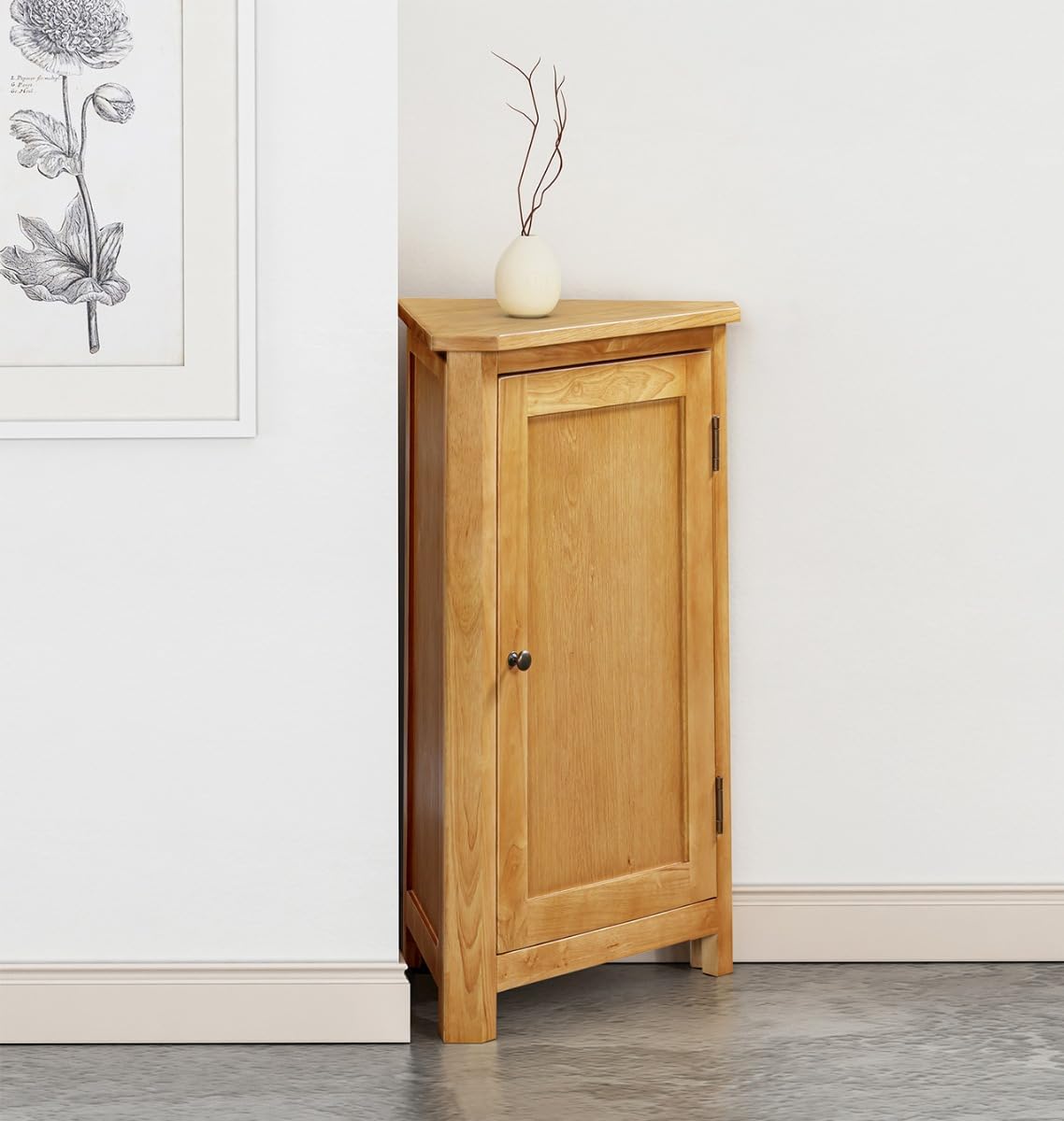 Hallowood Furniture Eckschrank Aston Eiche, kleine Eckschränke aus Holz für Wohnzimmer mit 1-türigem Aufbewahrungsschrank + 2 verstellbaren Einlegeböden, vielseitiges Eichenregal und Telefontisch