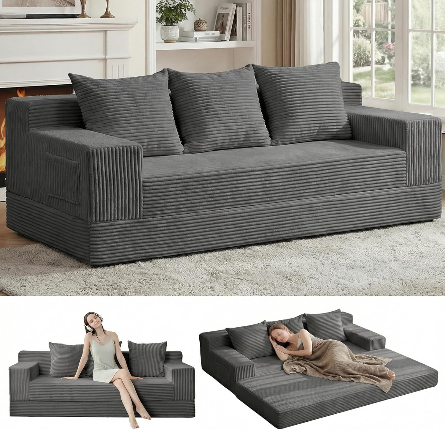 Loveseat Boneless Convertible Sofa Bed. Folding Floor Futon Sleeper Sofa Couch Bed- Boneless Foldable Couch. Corduroy Pull Out Sofa Bed with 2 Pillows for Living Room & Bedroom