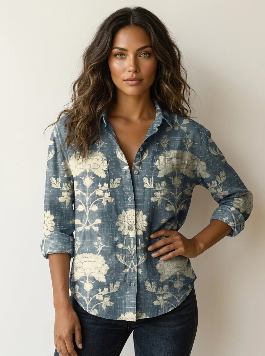 Damen Bluse mit botanischem Print | Leichtes Sommerhemd mit Knopfleiste | Luftiges Oberteil f��r Freizeit und den Urlaub