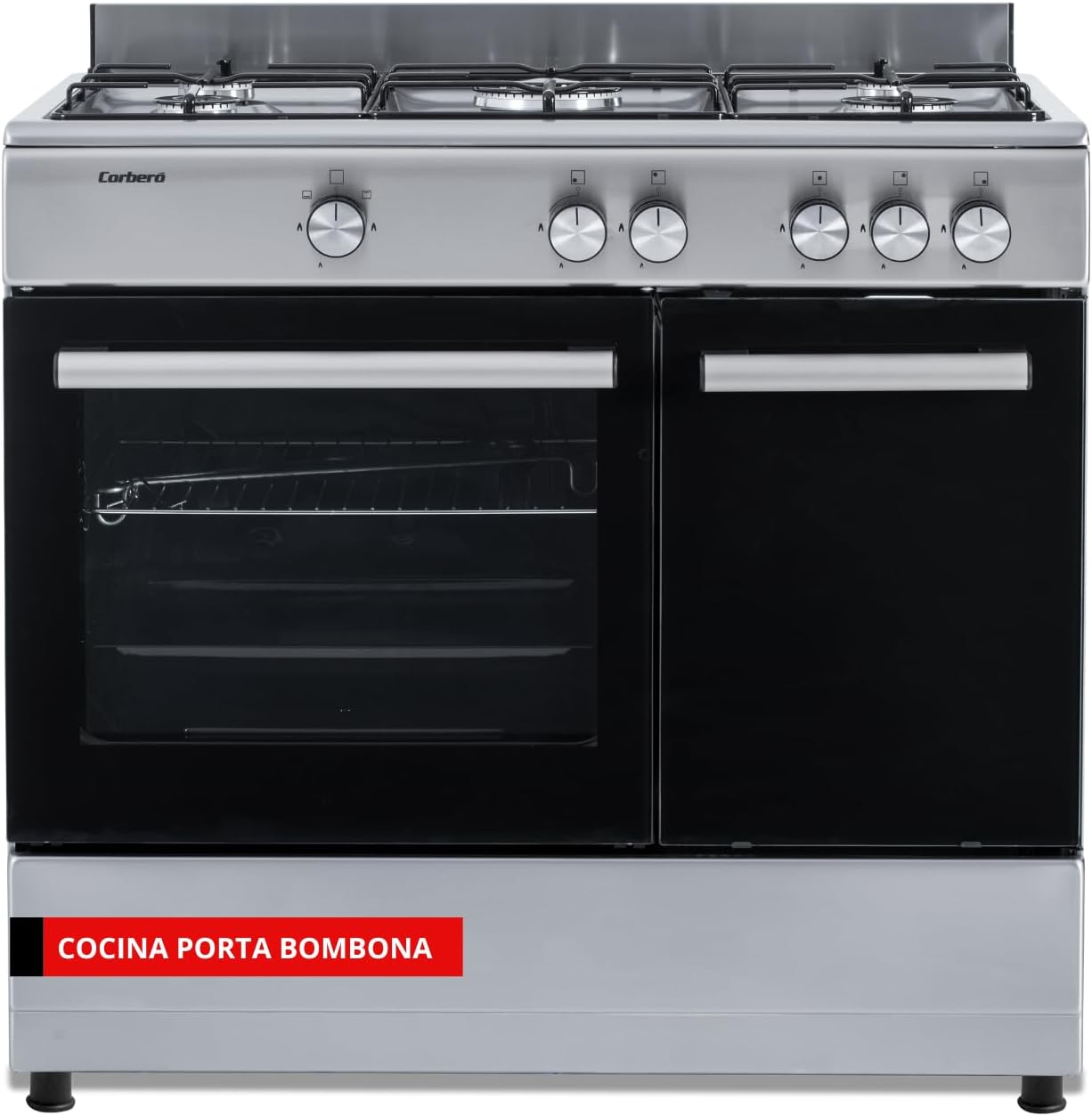 Corbero - Cocina de gas butano 5 fuegos | CC510GB90X | 80x90x60 | Horno de 60L con puerta doble | Wok en medio| Encendido Manual | Cajón calientaplatos| Bandeja y parrilla cromados |Con tapa| Inox