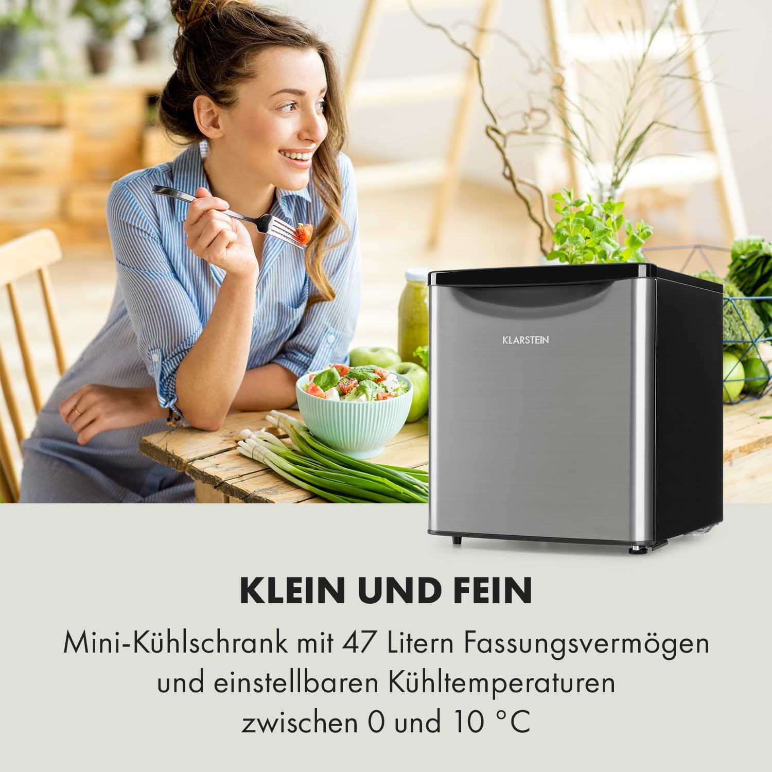 Klarstein Yummy - Kühlschrank, mit Gefrierfach, Kühlmittel: R600a, 41 dB, 1 x Gitterboden, inkl. Tropfschale, 47 L, Gefrierfach: 3 Liter, Kühlschrank: 44 L, schwarz/silber