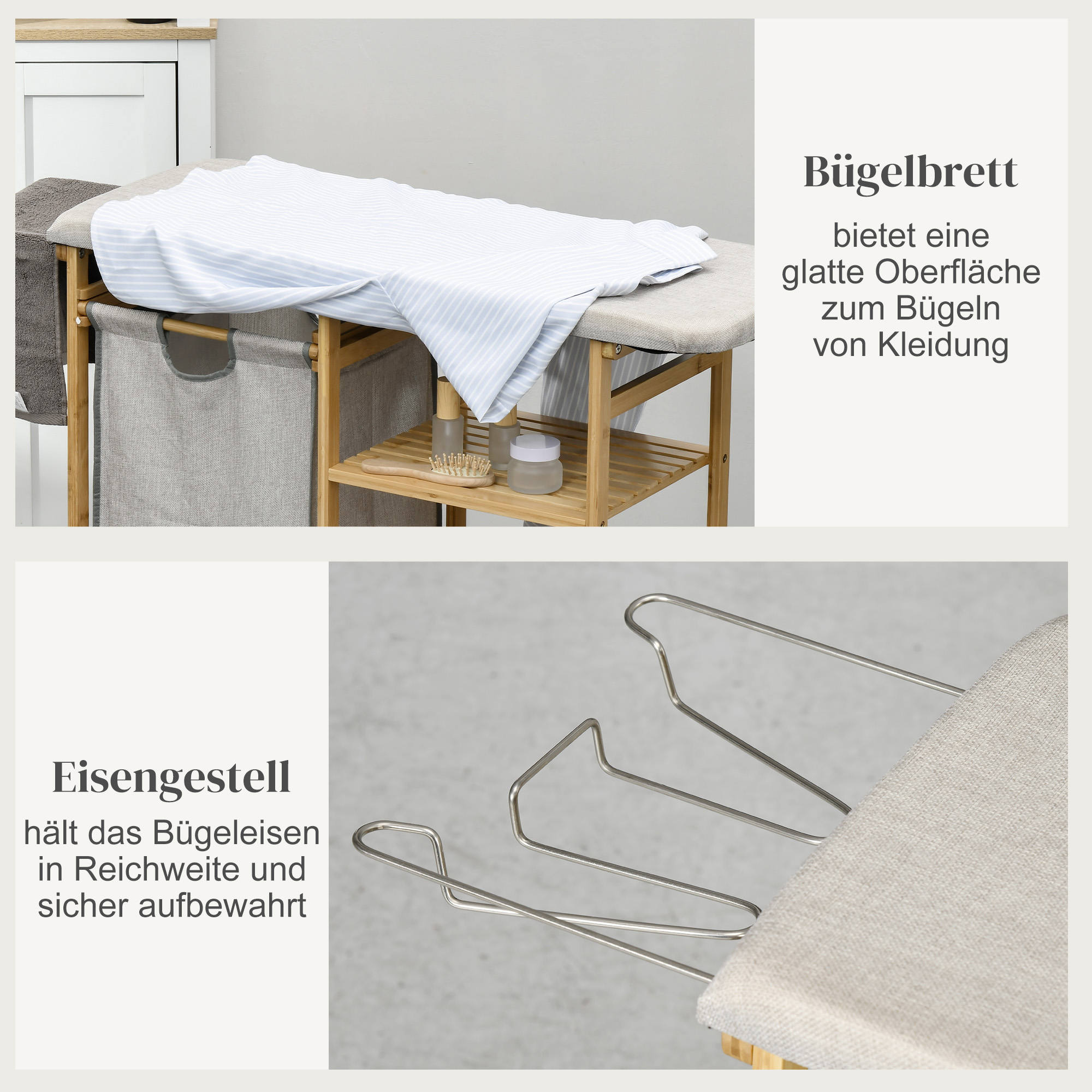 Wasmand, multifunctioneel, Stijkplank & Stoffen Zak 57L, Bamboe Frame, 113x34x82cm, Natuur/Grijs