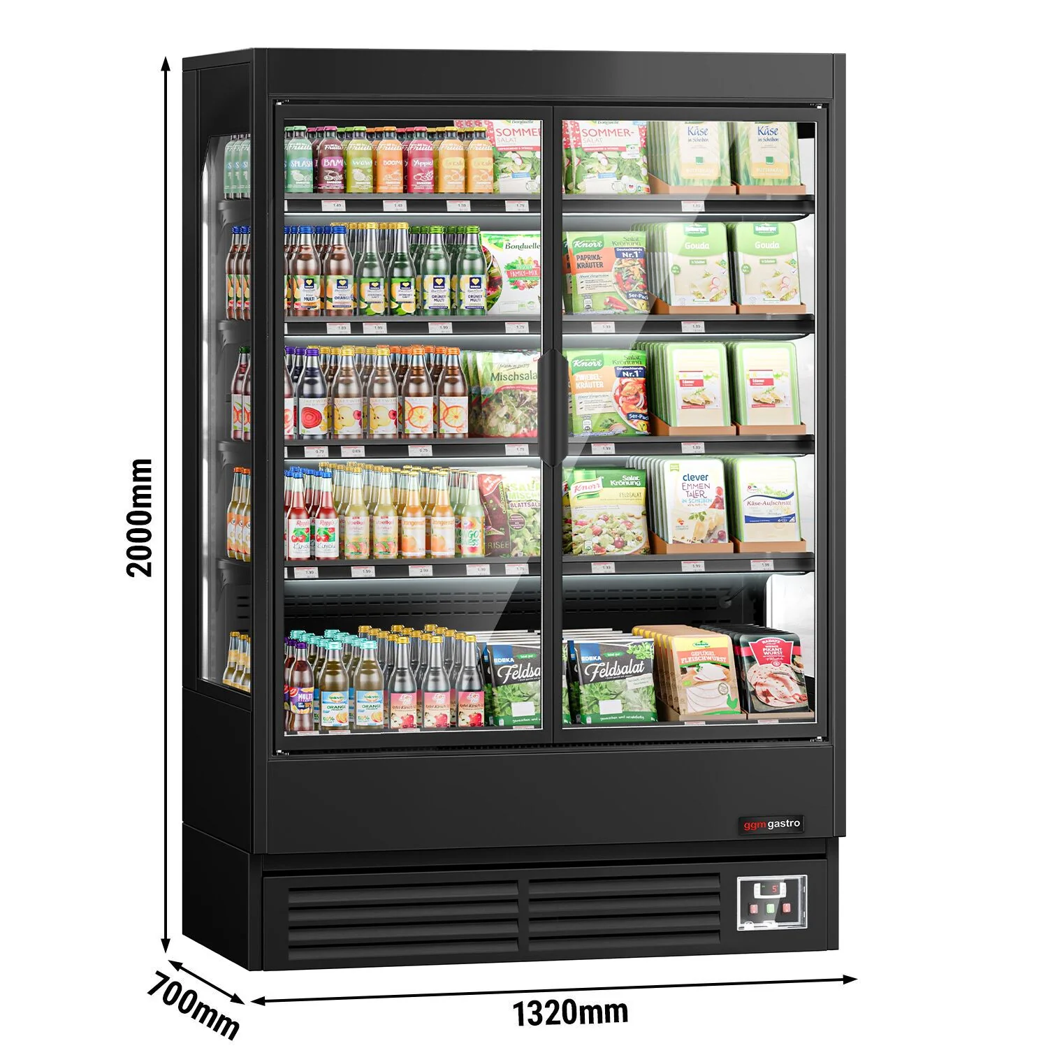 Kjølereol - 1 320 mm - 595 l - +1 °C til +5 °C - med 2 hengslede glassdører, med dobbelt isolerglass & 4 hyller - svart