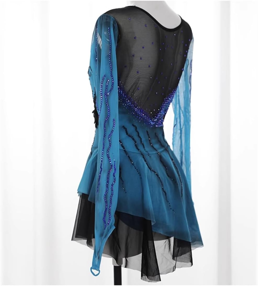 Eiskunstlauf Kleid Damen Strass Leotards Eislauf Wettbewerb Kleider Ballerina Outfits Langarm Kürkleid mit Strass Rollkunstlauf Wettbewerb Tanzanzug Langarm Rollschuhkleid