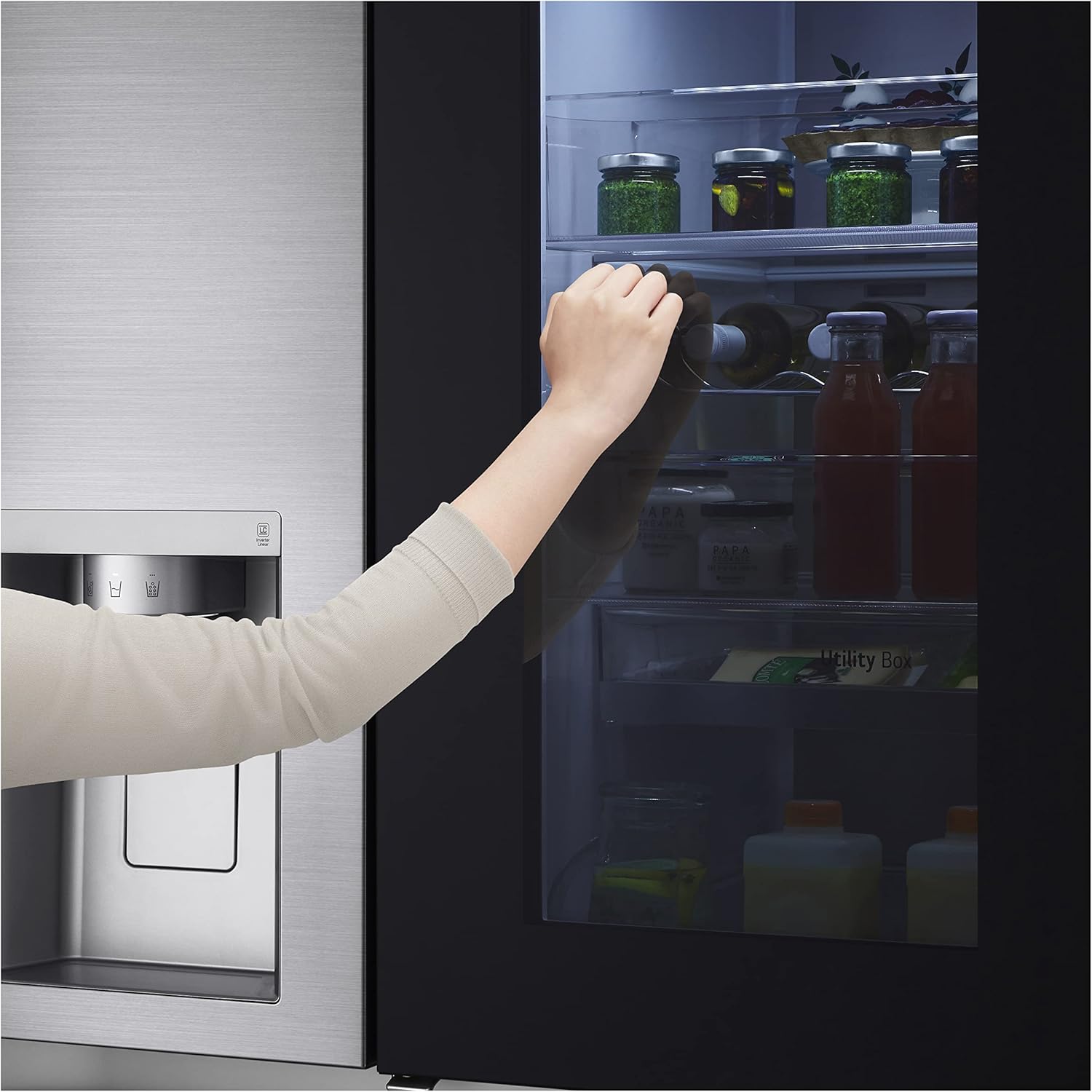 LG GSXV91PZAE Amerikanischer Kühlschrank Side by Side InstaView Total No Frost mit Gefrierfach, 635 l, Nano-UV-Eis-Spender, Türkühlung, Linear Cooling, Smart Kühlschrank mit WLAN und Gefrierschrank