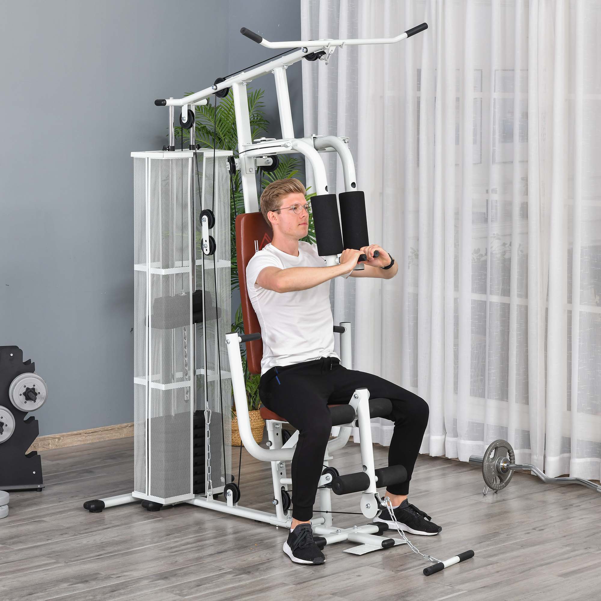 Gym Krachtstation Fitnessstation Multigym Fitnesscentrum Fitnessapparatuur incl. gewichten Latzug Beincurl Metaal PU-kunstleer Wit 150 x 110 x 210 cm