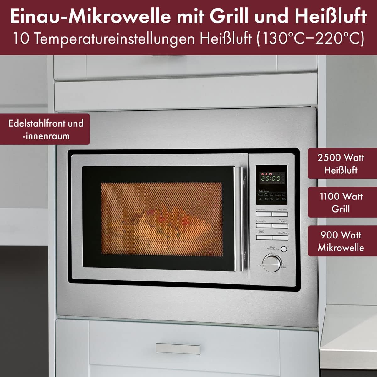 Bomann 3in1 Einbau-Mikrowelle mit Grill und Heißluft, Microwave, 25 L Garraum, 10 Automatikprogramme, Auftaufunktion, inkl. Grillrost und Drehteller (Ø 32 cm), 900 Watt, Edelstahl, MWG 2216 H EB