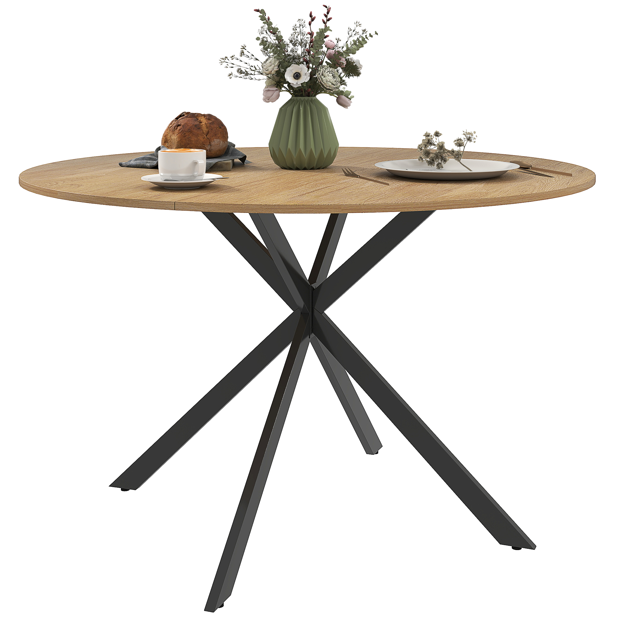 HOMCOM Ronde Eettafel voor 4 Personen, Keukentafel in Industriële Stijl met Stalen Poten, voor Eetkamer, Keuken, Eiken