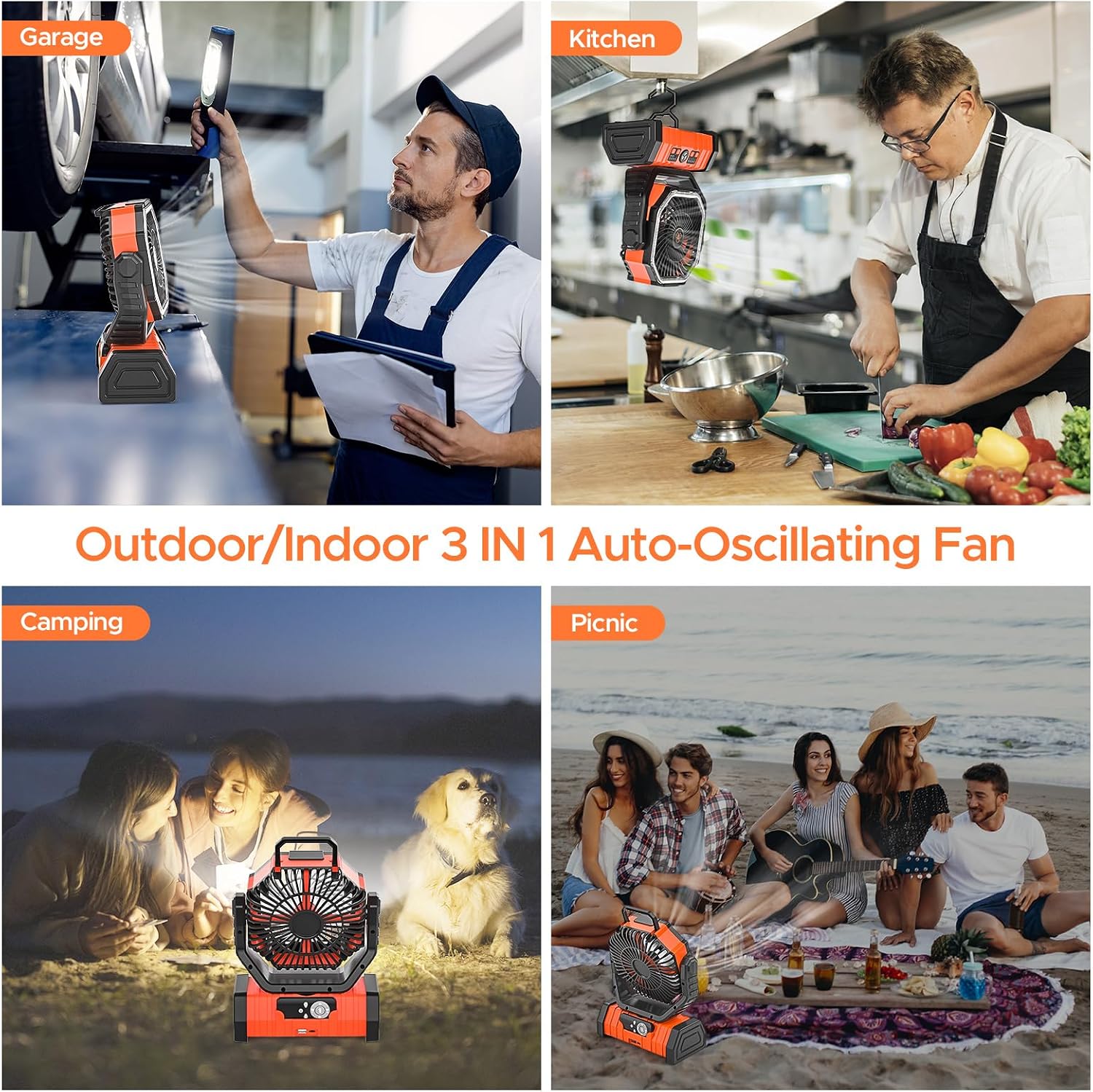 Wiederaufladbarer Camping-Ventilator mit LED-Laterne, 20.000 mAh, automatisch oszillierend, batteriebetrieben, Schreibtischventilator mit Fernbedienung/Haken/Timer, 20.3 cm, Stromausfälle, Hurricane