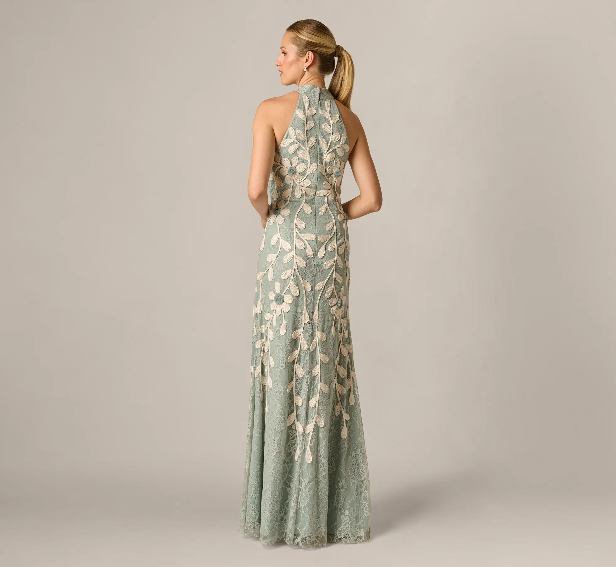 Lace Soutache Embroidery Halter Gown