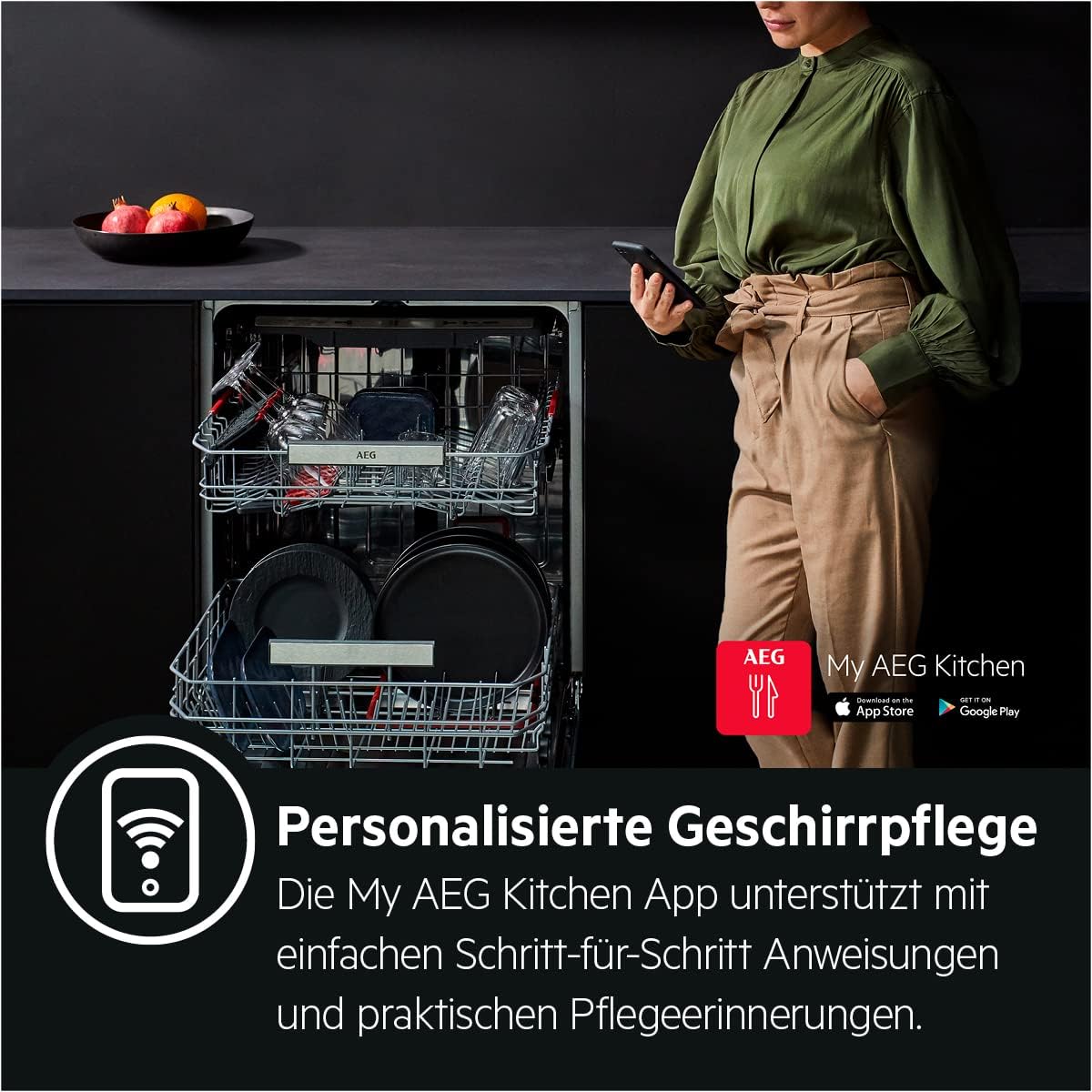AEG Vollintegrierter Geschirrspüler 60cm, Spülmaschine Serie 7000: mit Glasschutz, Energieklasse A, Besteckschublade, personalisierte Zeit-Steuerung, leise 41dB, ComfortRails, Wasserstopp, FSE7676AP