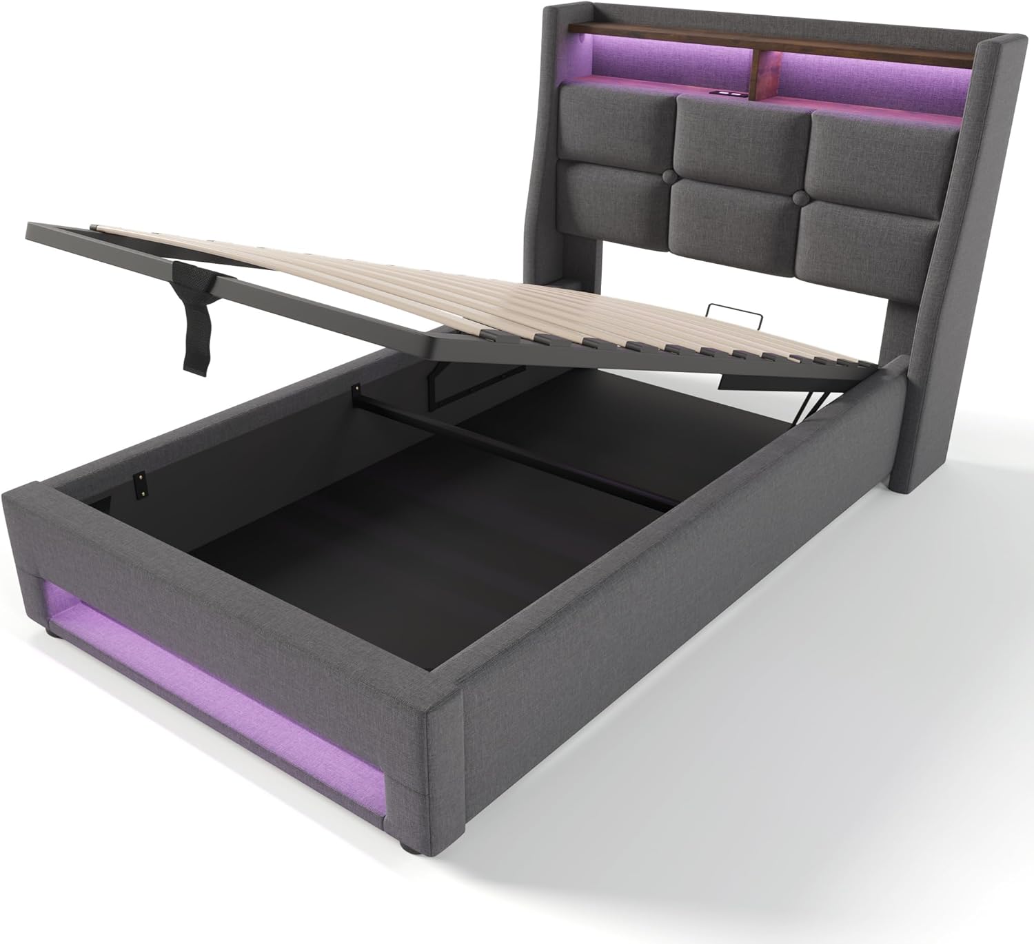 Merax Polsterbett 90x200cm, Einzelbett mit Bettkasten und Lattenrost, Stauraum Kopfteil mit LED und USB Ladefunktion, Hydraulisch Stauraumbett Funktionsbetten, Leinen, Jugendbett, ohne Matratze, Grau