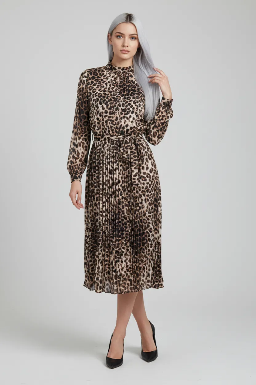 Brown Leopard Print Full-Length Dress with Waist Belt
