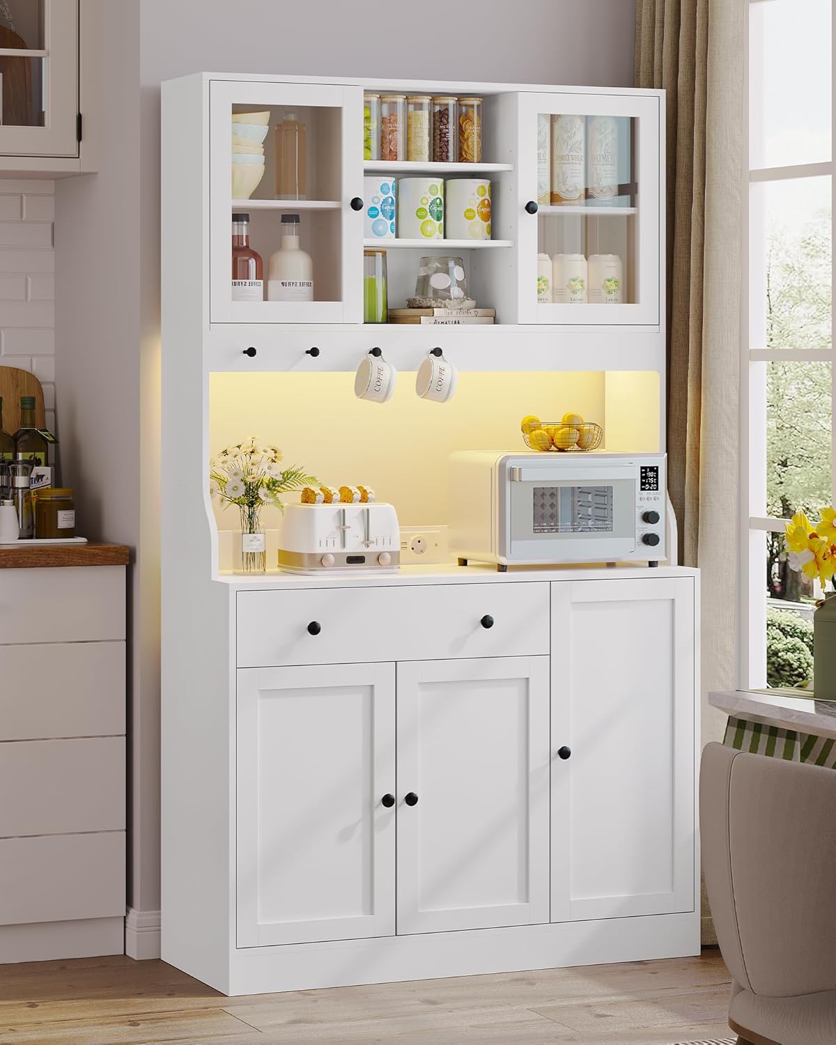 Küchenschrank mit Arbeitsplatte, Sideboard mit LED, Steckdose, Buffetschrank mit Schubladen, Verstellbaren Ablagen, Großer Stauraum, Küche, Wohnzimmer, Esszimmer, 103.5 * 40 * 180 cm, Weiß