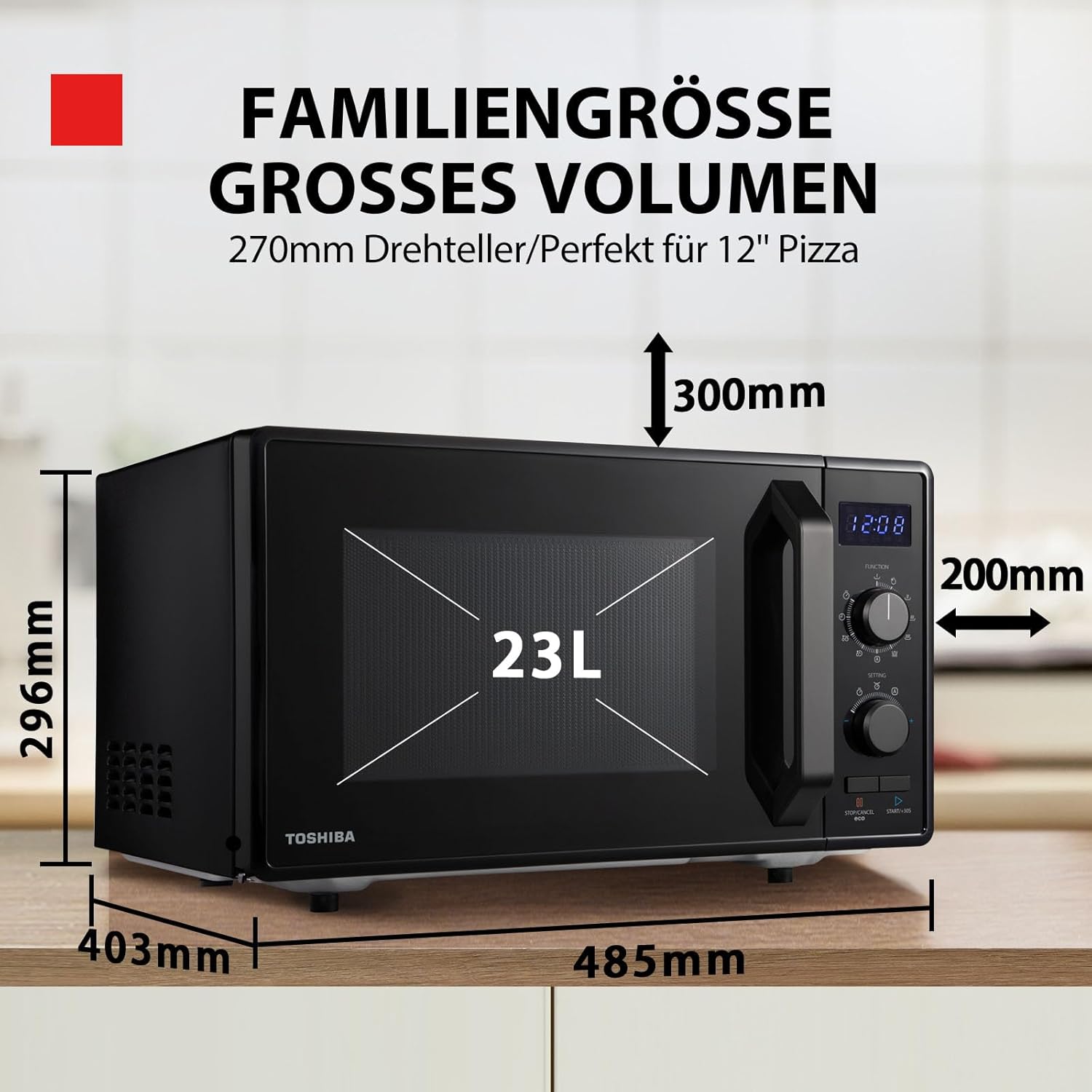 Toshiba MW2-MM20PF(BK) Freistehend Mikrowelle/Solo-Mikrowelle / 20L / 800W / 5 Leistungsstufen mit praktischer Auftaufunktion/LED-Beleuchtung im Innenraum/Schwarz