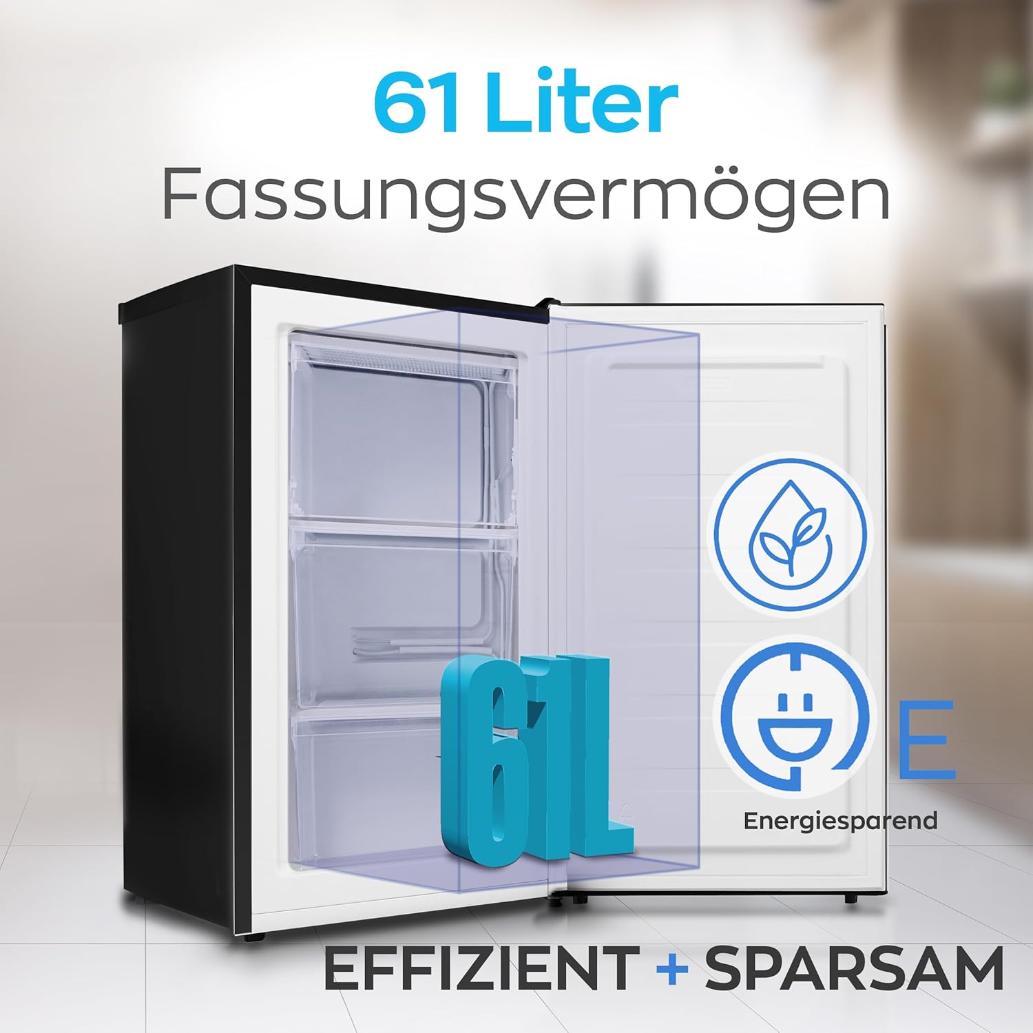 Heinrich´s Gefrierschrank 61Liter -18°C Freezer, 3x Gefrierschublade, 7 Stufen Temperaturregler, Airflow, wechselbarer Türanschlag weiß