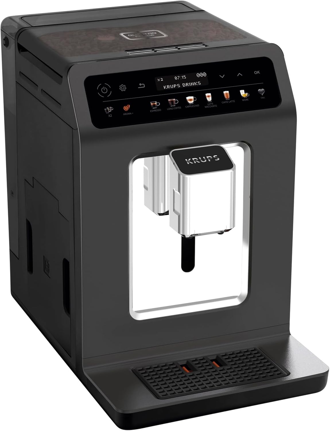 Krups Evidence One Kaffeevollautomat mit Milchschlauch, 12 Getränke, 2-Tassen-Funktion, Farbdisplay, Kaffeemaschine, TÜV-Siegel, Schwarz, EA895N10, Meteor Graphit