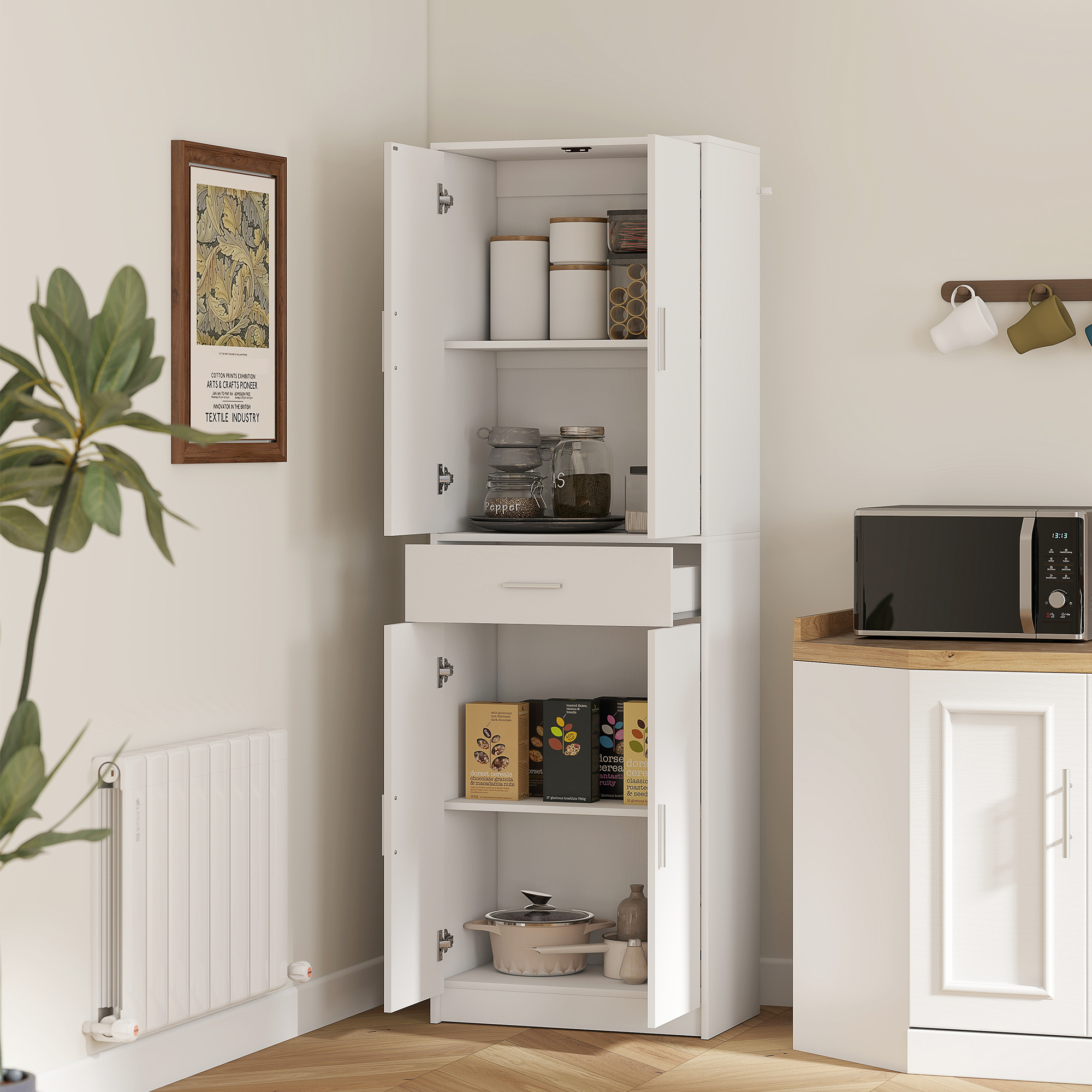 HOMCOM Keukenkast, 3-traps verstelbare planken, Spaanplaat, MDF, veel opbergruimte, Wit