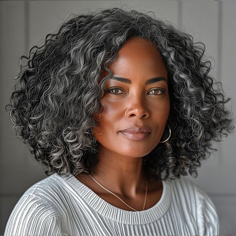 Dark Brown with Gray Water Wave Bob Human Hair Wigs Glueless 5×5 Lace Wigs