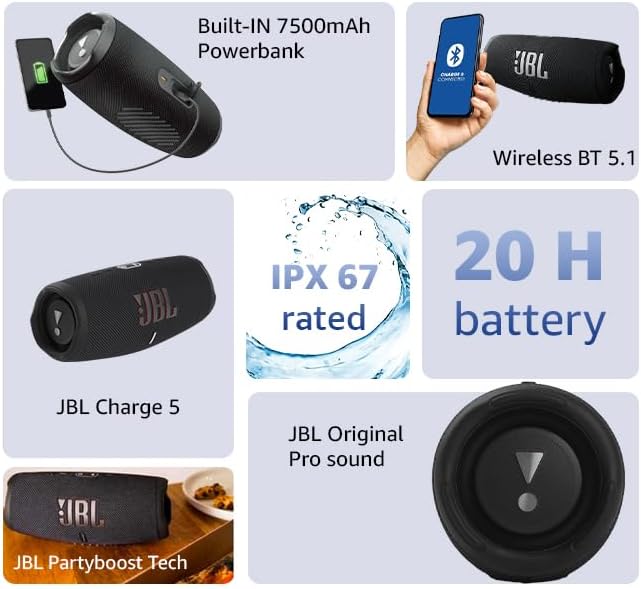 JBL Charge 5 Bluetooth-Lautsprecher in Schwarz �C Wasserfeste, portable Boombox mit integrierter Powerbank �C Eine Akku-Ladung f��r bis zu 20 Stunden kabellosen Musikgenuss