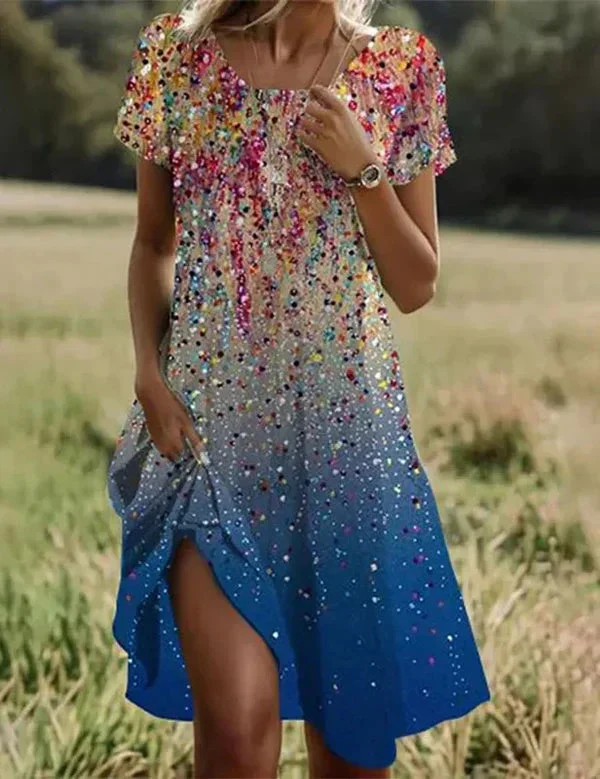 Damen Midi-Kleid mit Blumenmuster | Lockeres Kurzarm Sommerkleid f��r den Alltag | Bequemes Freizeitkleid mit Rundhals