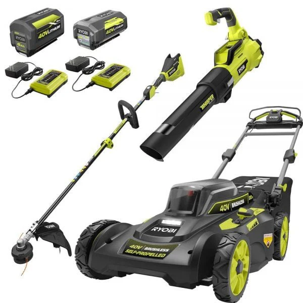 2025 40V Brushless 20-inch Self-Propelled Hand Lawn Mower, Grass Trimmer and Leaf Blower with (2) Batteries and (2) Chargers