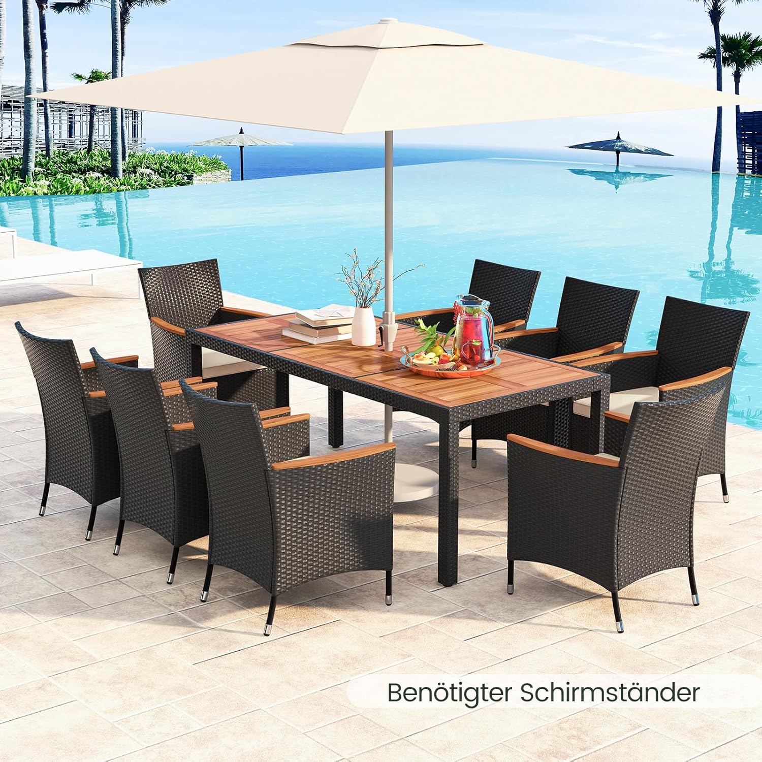 COSTWAY 9 TLG. Rattan Gartenmöbel Set, Sitzgruppe für 8 Personen, Gartentisch mit Tischplatte aus Akazienholz, 8 Stühle & Kissen, Terrassenmöbel Set, Gartengarnitur, Sitzgarnitur, Essgruppe