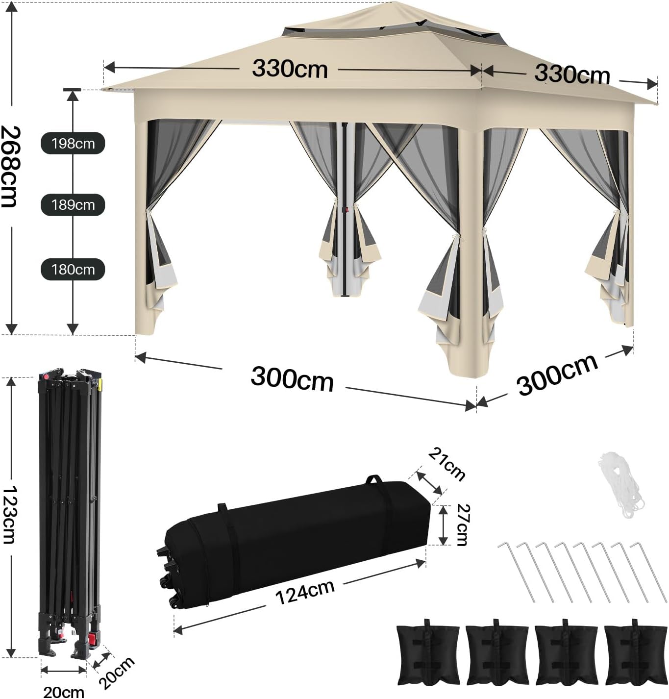 Gartenpavillon 3x3m Wasserdicht UV-beständig, Pavillon mit 4 Seitenteilen, Höhenverstellbar, Stabil Partyzelt mit Sandsäcken & Tragetasche mit Rädern für Garten Party Camping, Beige