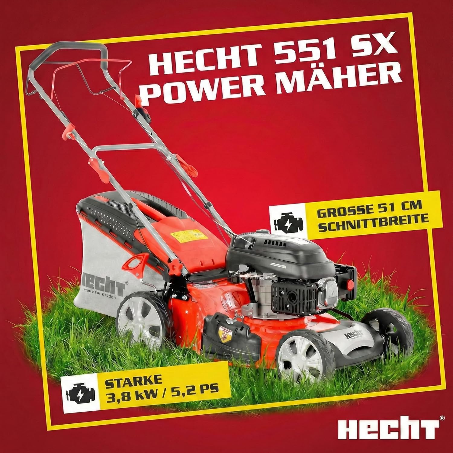 HECHT Rasenmäher Benzin mit Antrieb, 51 cm Schnittbreite, 5-in-1 Mulchfunktion, Seitenauswurf, 70L Fangkorb, 5,2 PS Benziner für Garten bis 1500 m2