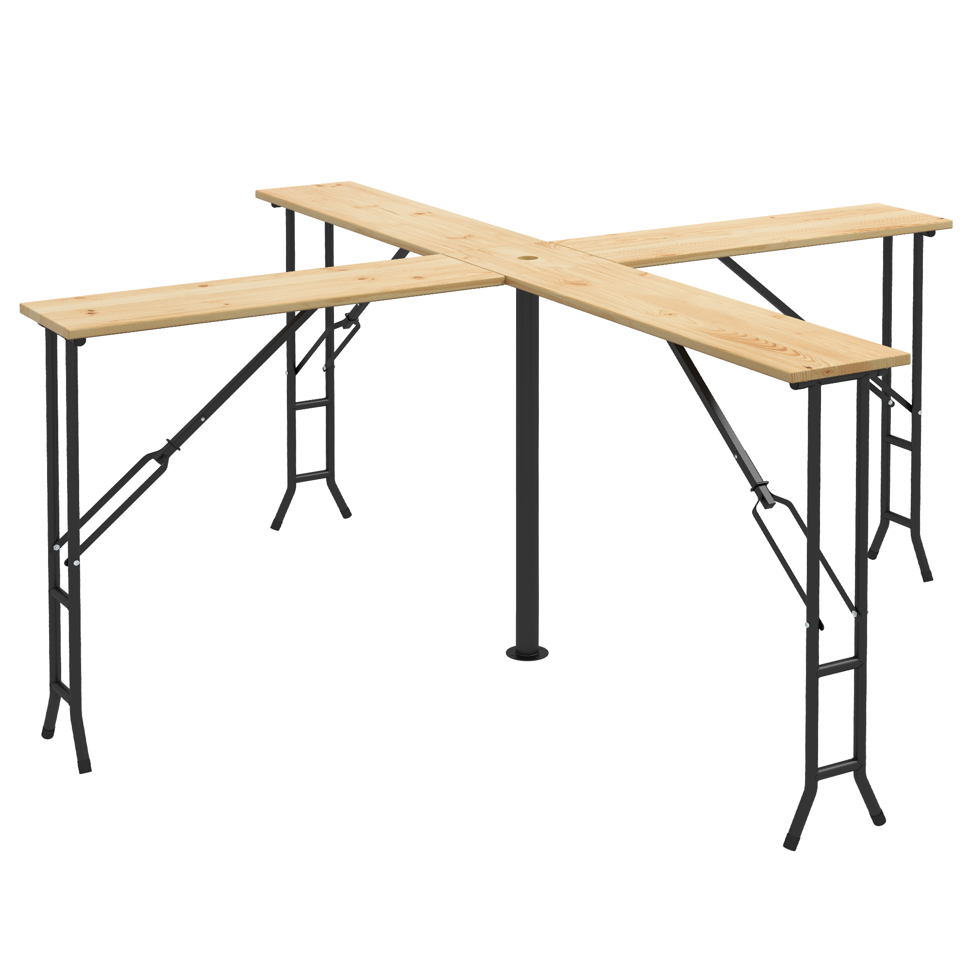 Picknicktafel, Opvouwbare Buitentafel, voor 20 Personen, Weerbestendig, Metaal, Grenenhout, 2,4x2,4x1m, Natuur/Zwart