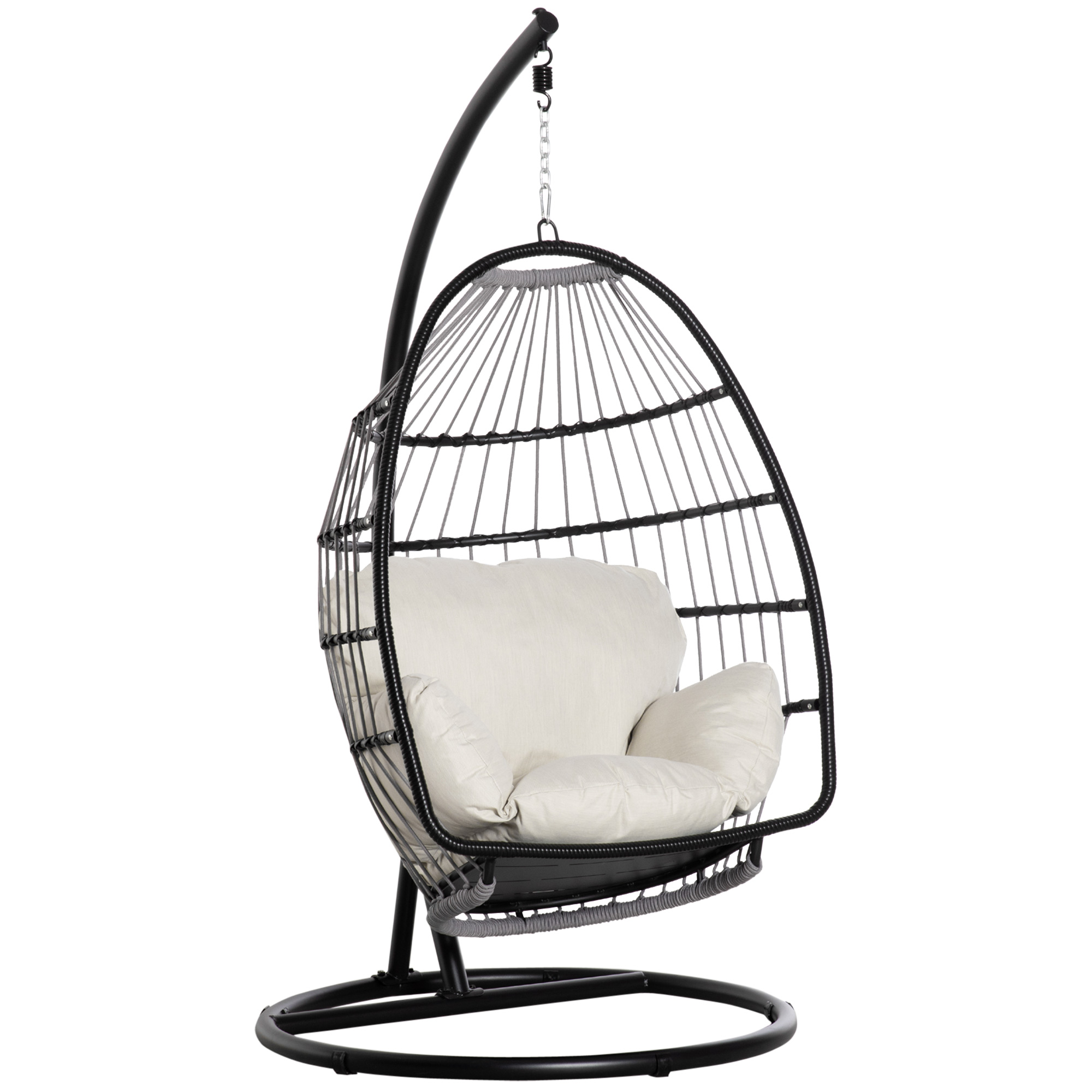 Outsunny hangstoel hangmand met frame hangende schommel hangstoel met kussenmand opvouwbaar metaal zwart + crème wit 101 x 101 x 188 cm