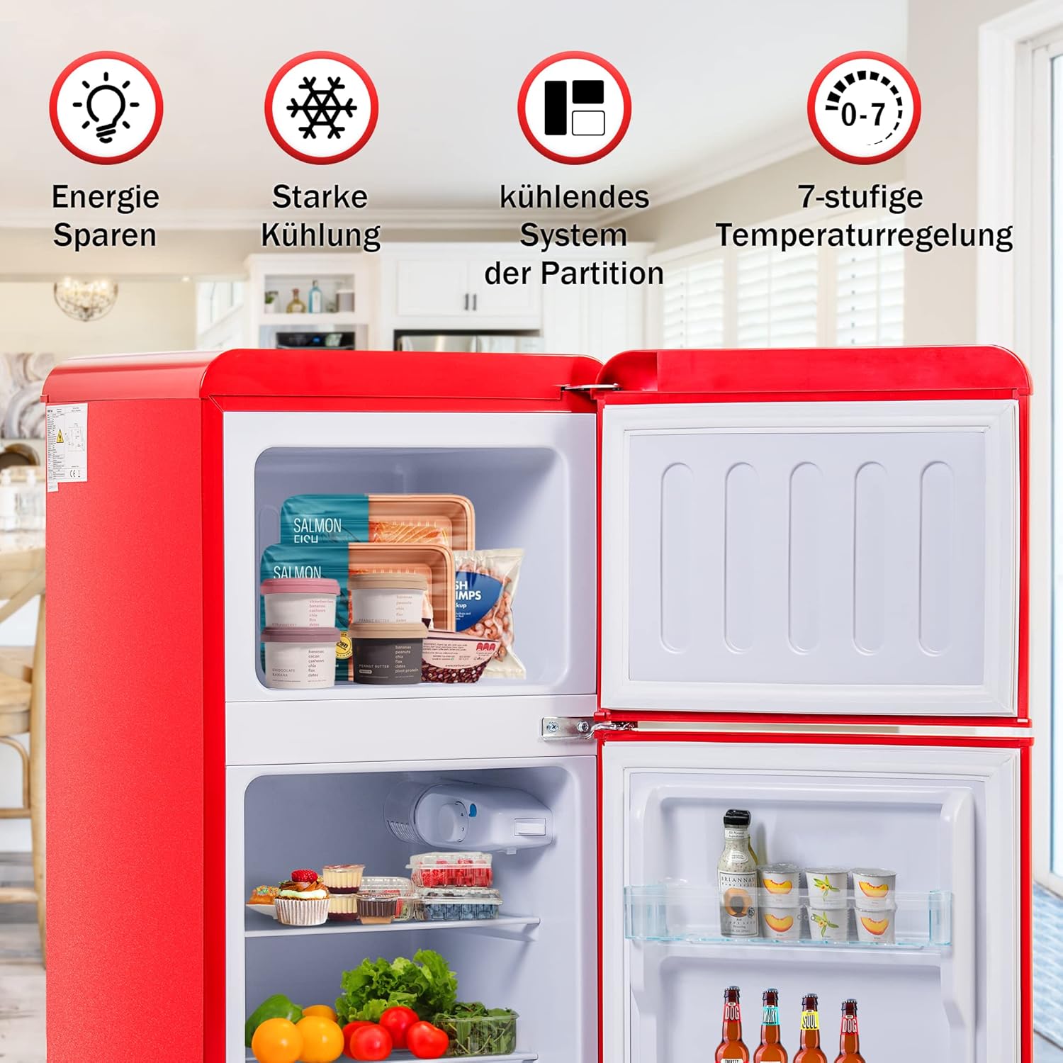 DRIXNO Retro-Kühlschrank Rot Gefrierkombination. 86,8 cm hoch, 45,5 cm breit, zweitürig, mit 60 Liter Gesamtvolumen, 22 Liter Gefriervolumen. 163 kWh/Jahr, -27°C ∽ 13°C, LED-Licht