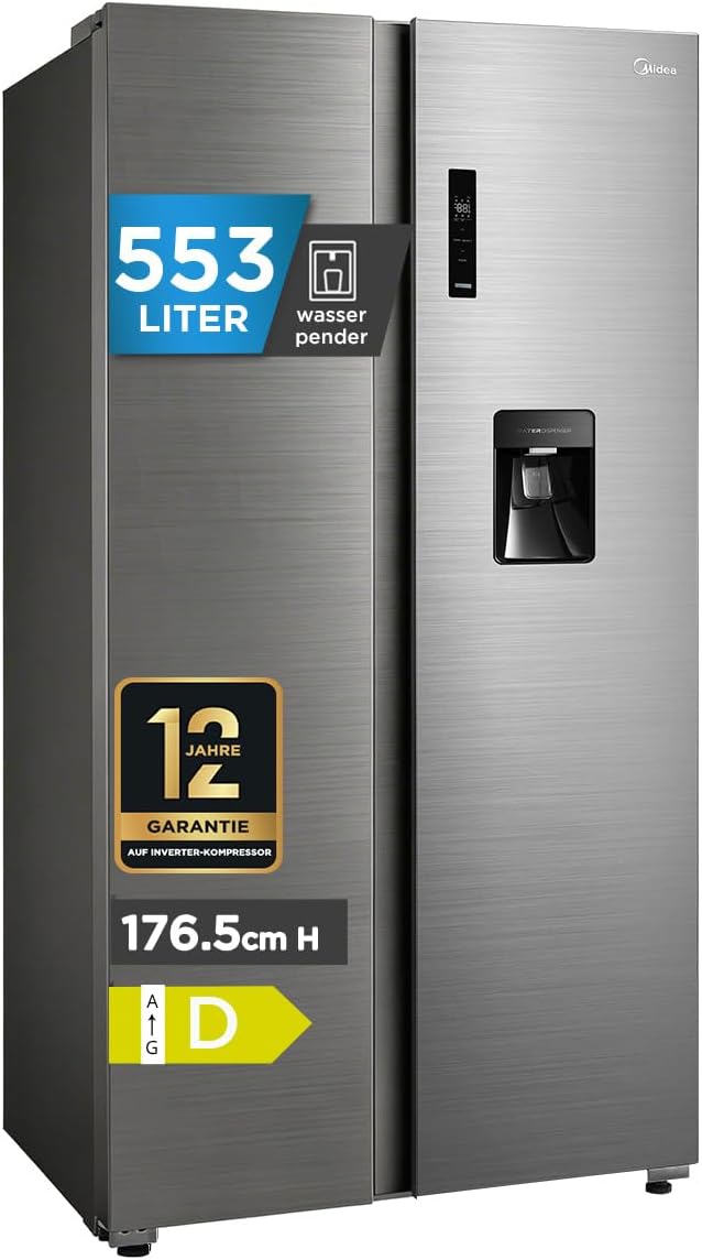 Midea Side by Side Kühlschrank MDRS710FGD46W, 553L XXL-Kapazität, Wasserspender, Inverter Kompressor, SuperCool & SuperFreeze, 360° Multi-Air Flow, No-Frost, 37dB Leise, Steel Gray