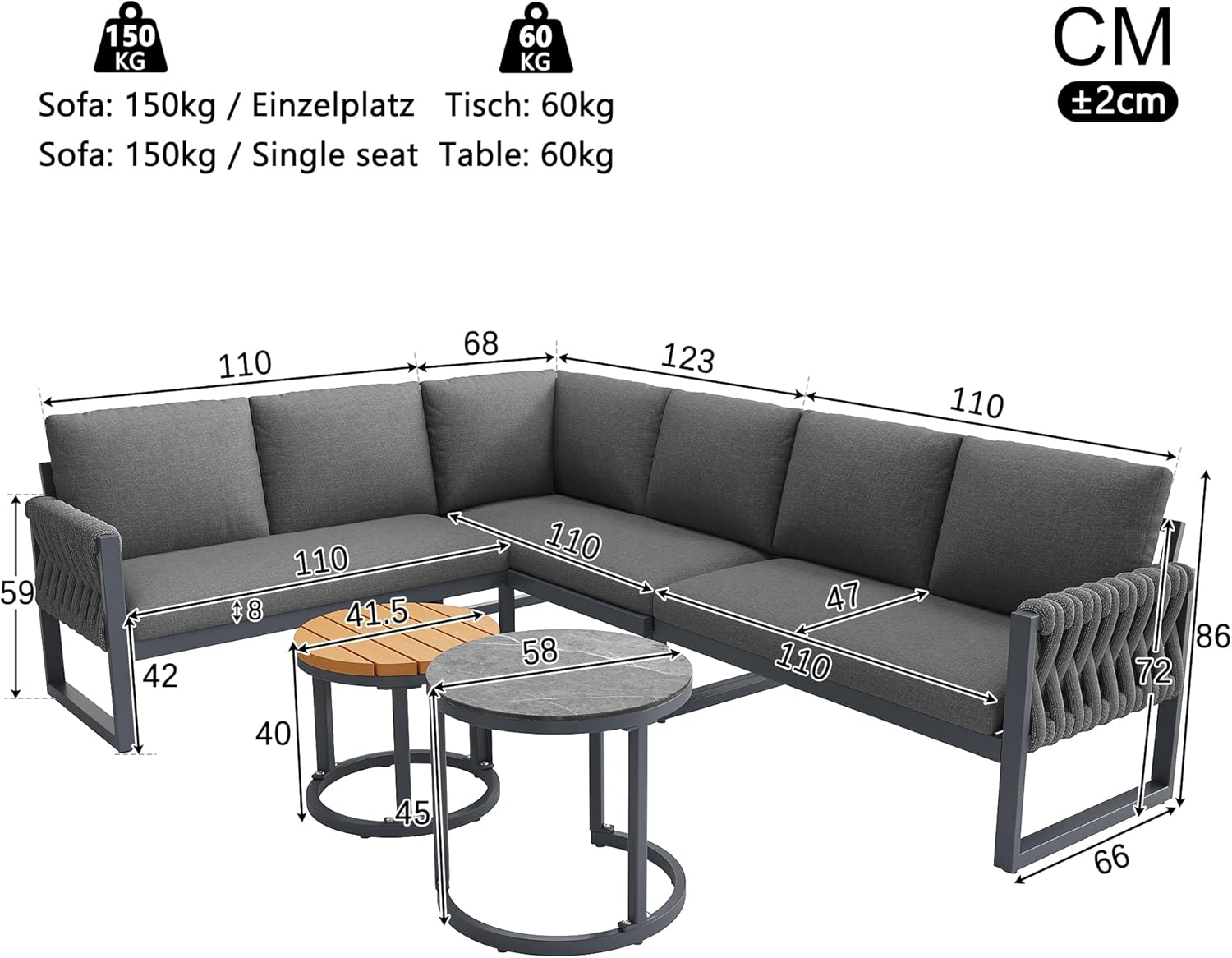 Gartenmöbel Set Lounge möbel Outdoor für 5-6 Personen, Metal, mit L-förmig gartensofa und Tisch, inklusive Aller Sitz- und Rückenkissen für Balkon Garten Terrasse (Grau)