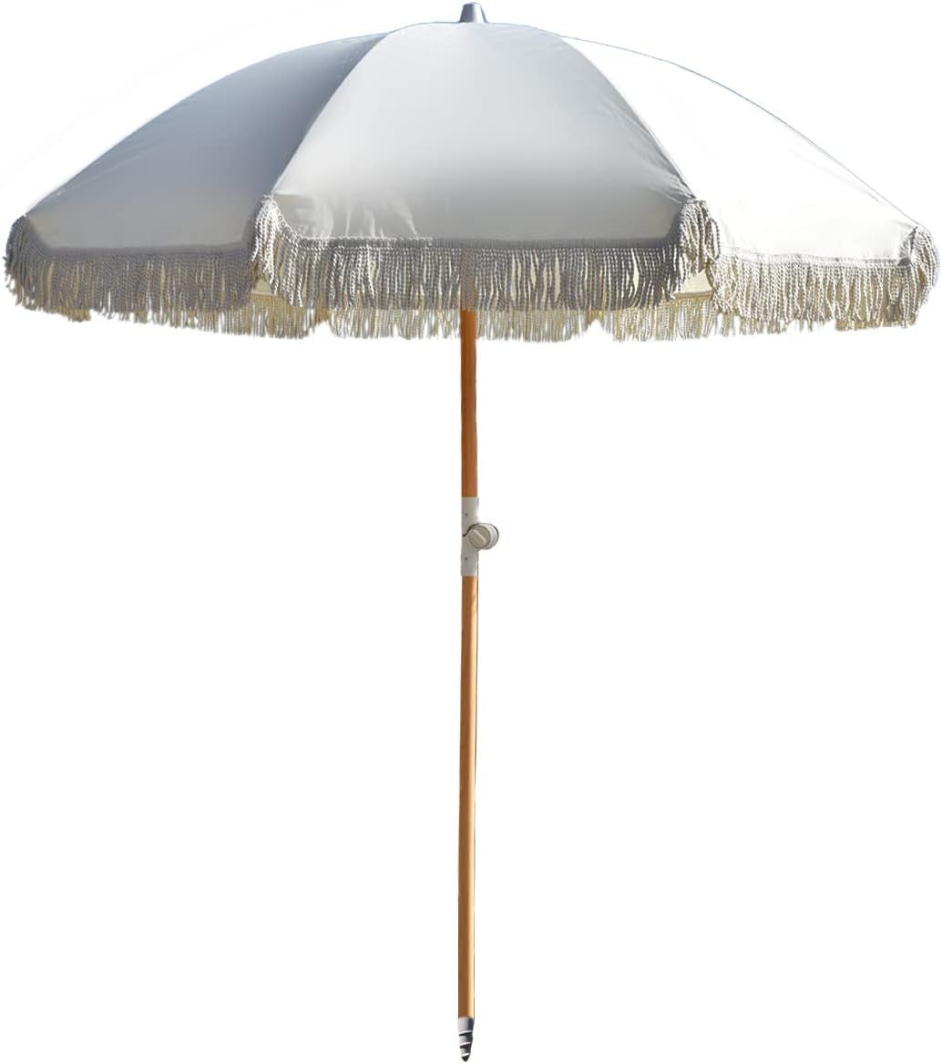 Portable Fringed Beach Umbrella 2m - Natural Sun Shade for Garden & Outings