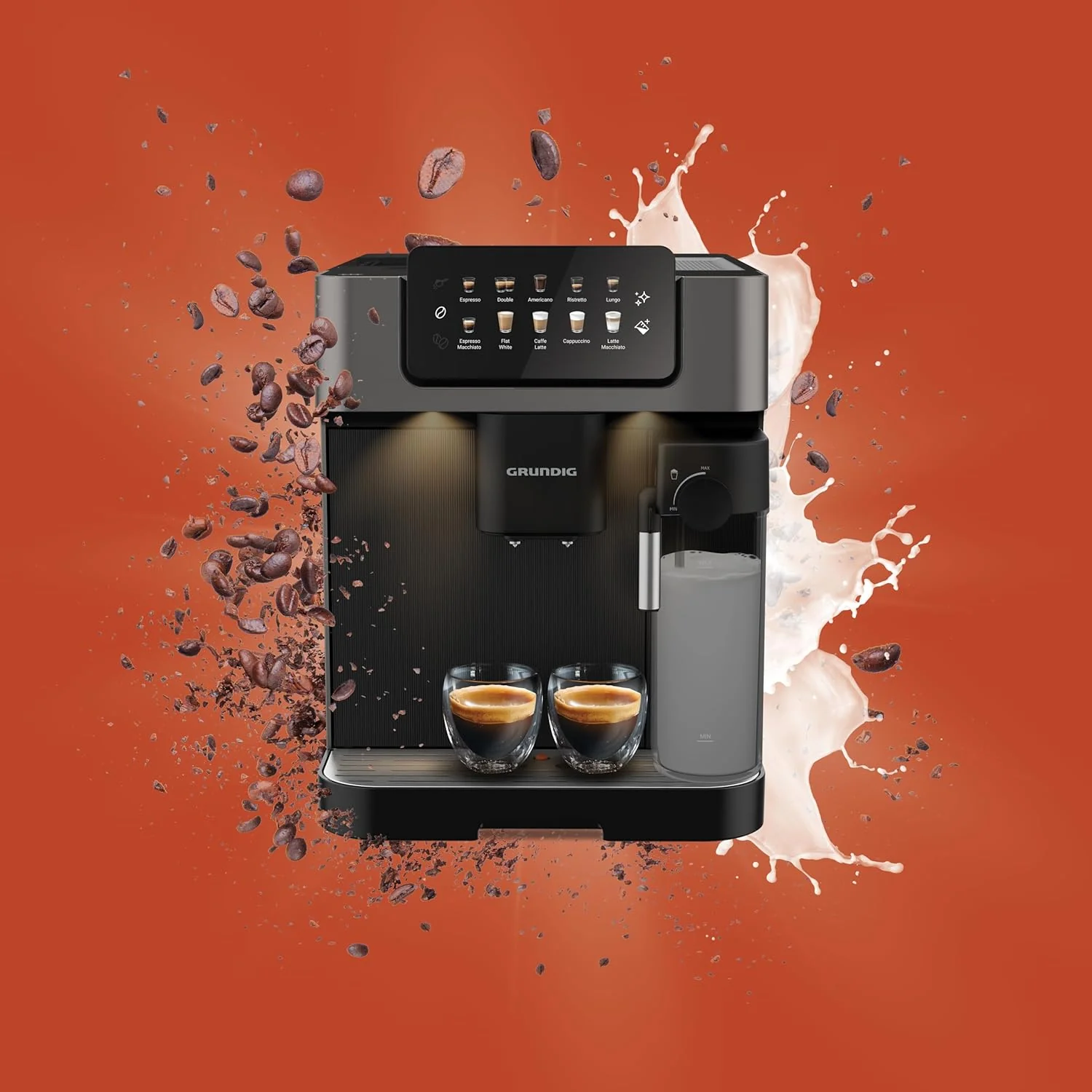 GRUNDIG KVA 7230 volautomatische koffiemachine, 10 koffiespecialiteiten, 13 maalfijnheden, melkreservoir, krachtig 1350 W, 19 bar pompdruk, dubbele uitloop, verlichting, Zwart/Donkerzilver