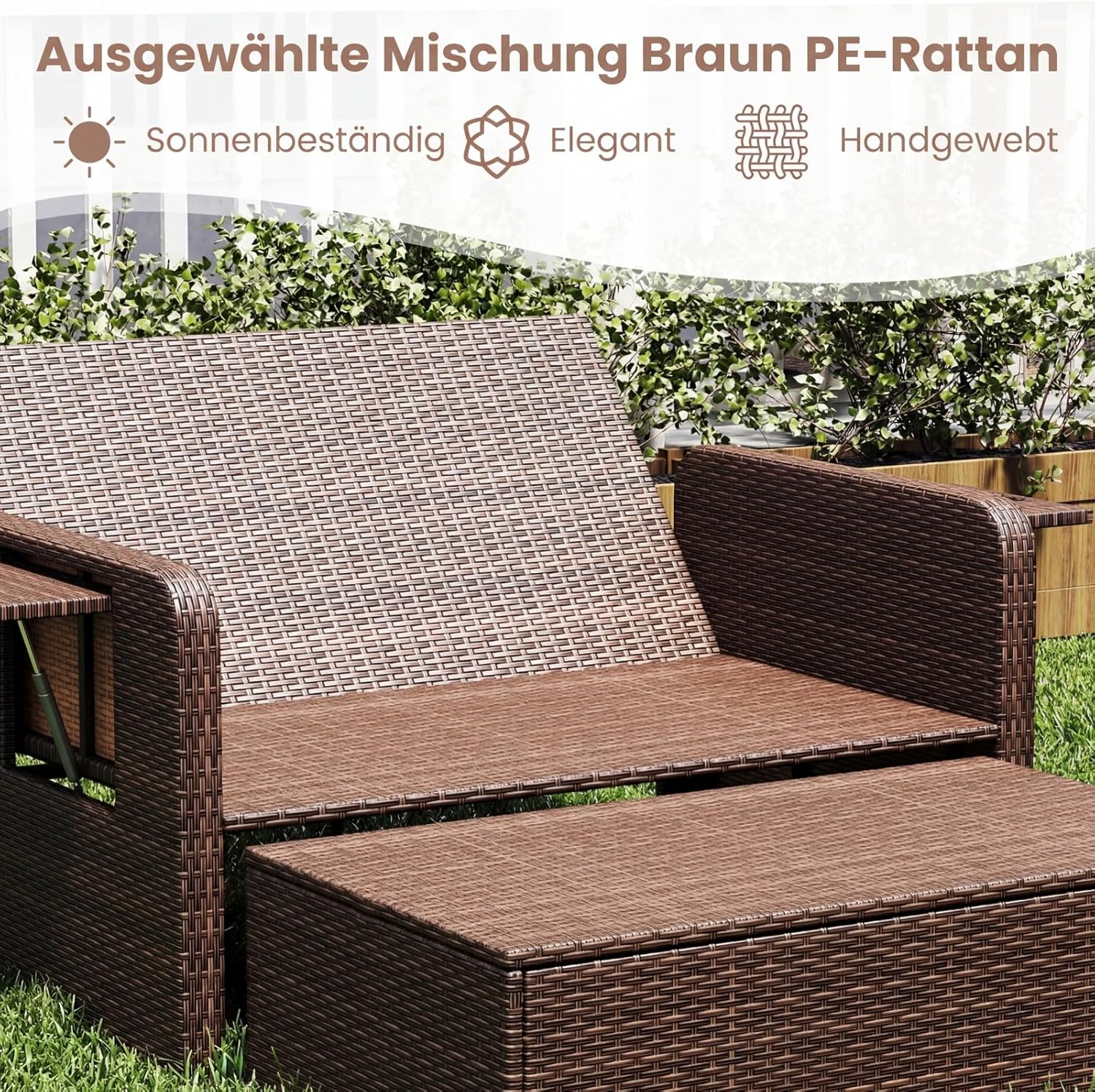 COSTWAY 3 in 1 Polyrattan Sonnenliege, Gartenliege mit Verstellbarer Rückenlehne & Seitenablagen, Loungebett, Doppelliege mit Kissen, Gartensofa mit Hocker & Stauraum für Garten
