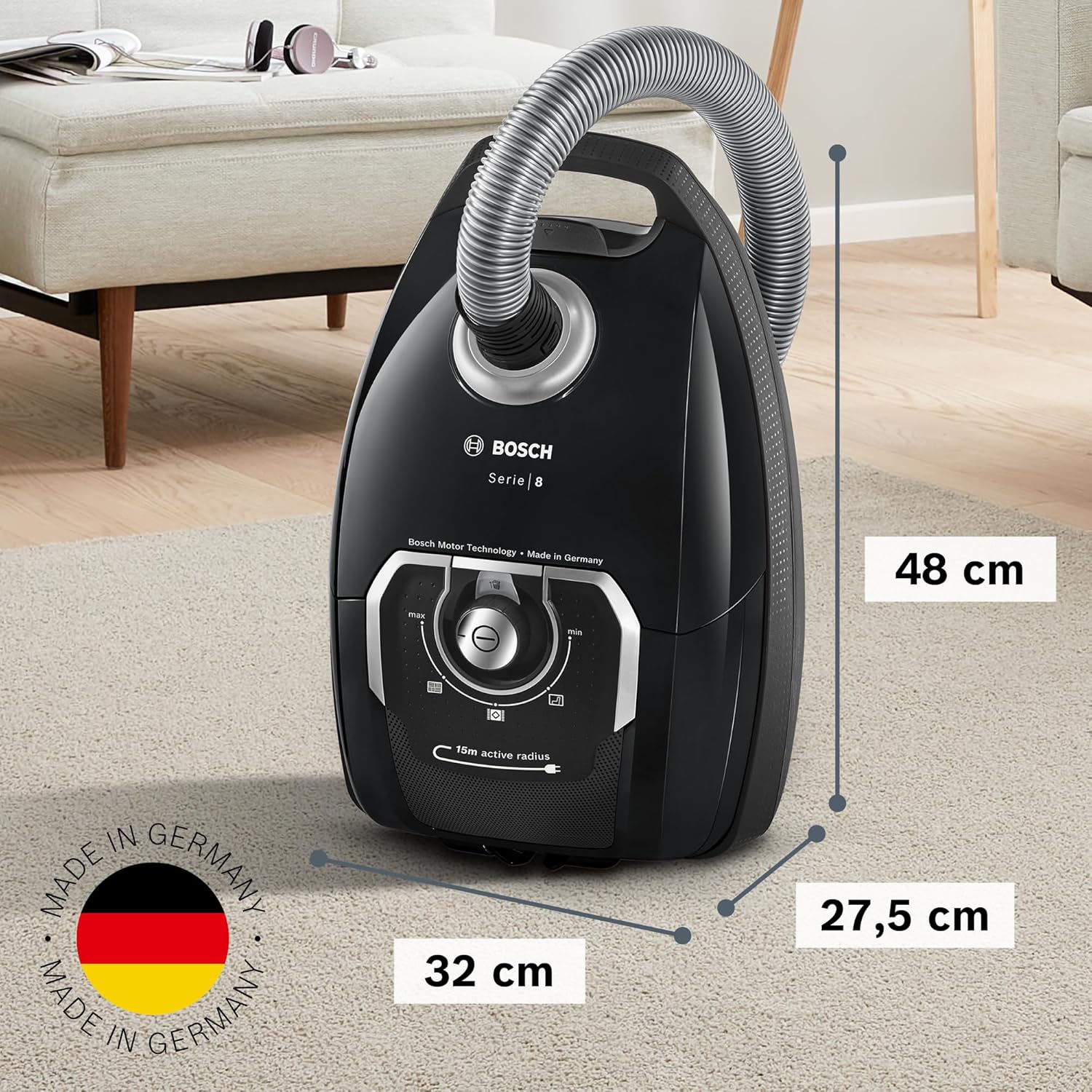 Bosch Stofzuiger met zak Serie 8 BGB75X494, sledestofzuiger, ideaal voor mensen met allergie?n, hygi?nefilter, vloermondstuk voor parket, tapijt, tegels, lange kabel, stil, 650 W, blauw